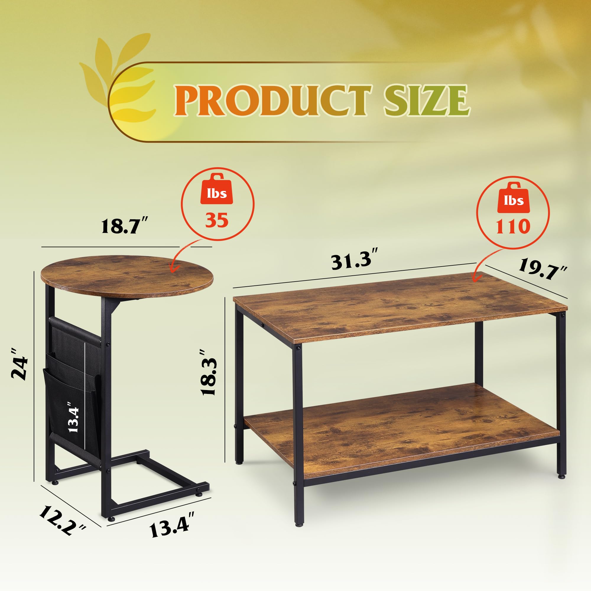 Set of 2 Coffee Tables, 31.3" & 18.7" Modern Center & Side Table with Storage Pouch for Living Room, Bedroom, Apartment, Rustic Brown
