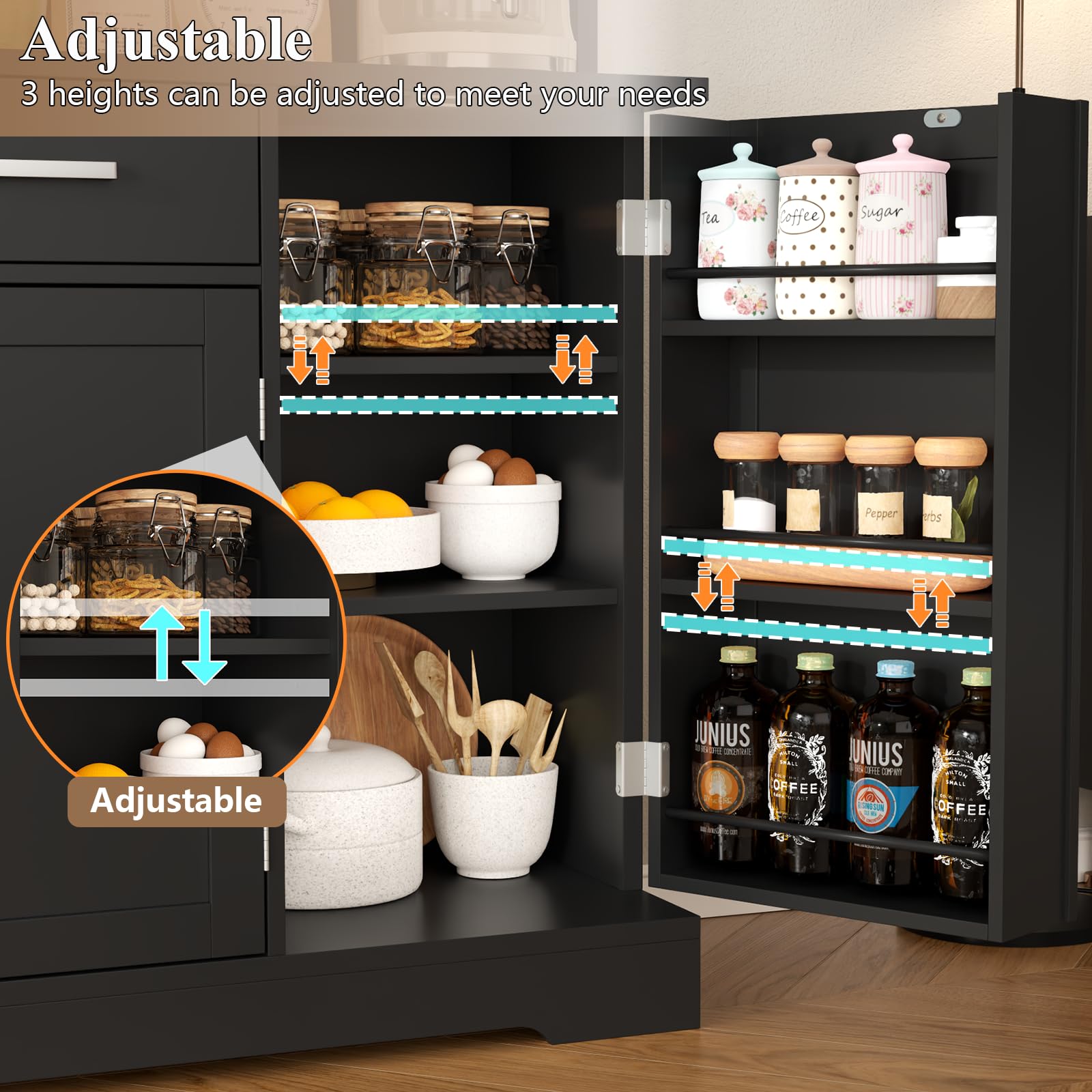 Pantry Storage Cabinet with 2 Drawers, Tall Kitchen Hutch Cabinet with Microwave Shelf, Modern Buffet Cabinets with Goblet Holders, Food