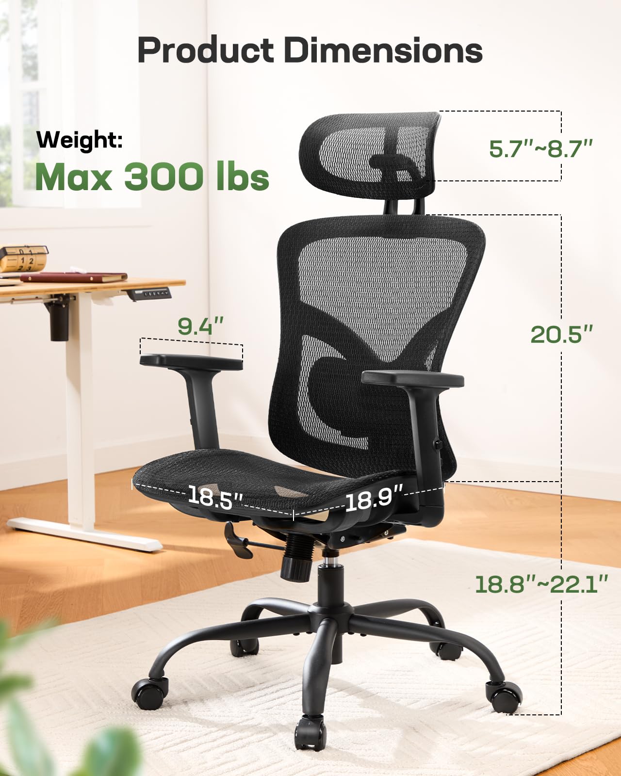 Ergonomic Mesh Office Chair, Computer Desk Chair with Adjustable Lumbar, 2D Headrest & Armrests, Comfortable Gaming Chair, Black