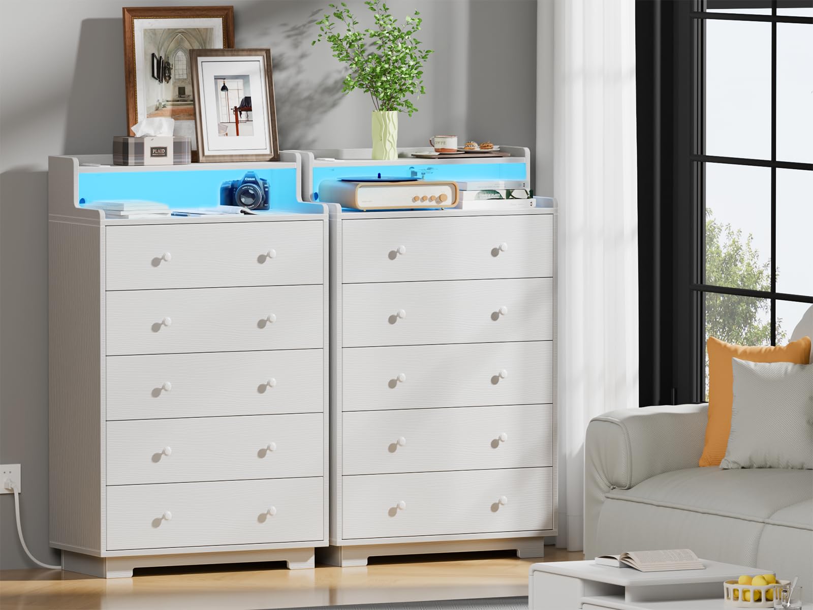 Tall 5-Drawer Dresser for Bedroom, Chest with Charging Station & LED Light, Deep Wood Drawers for Clothes, Closet, Entryway, White