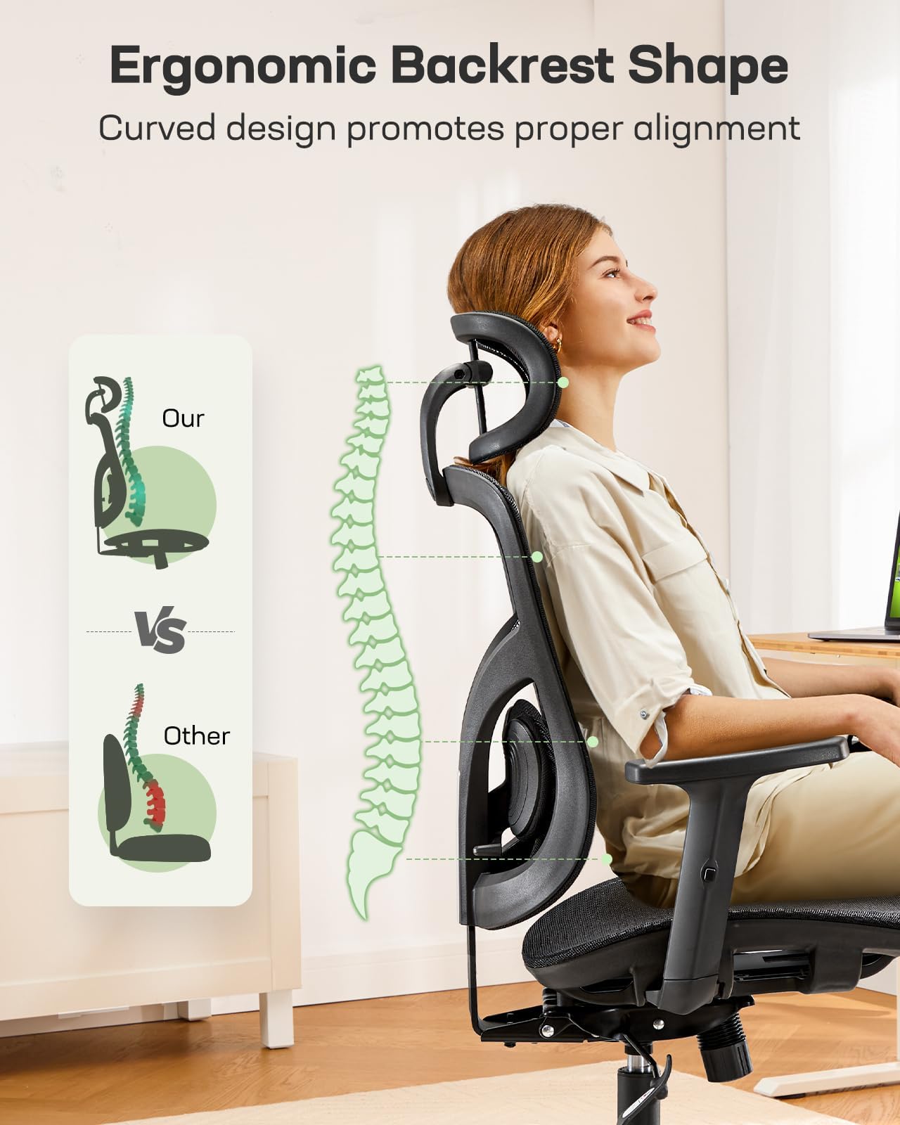 Ergonomic Mesh Office Chair, Computer Desk Chair with Adjustable Lumbar, 2D Headrest & Armrests, Comfortable Gaming Chair, Black