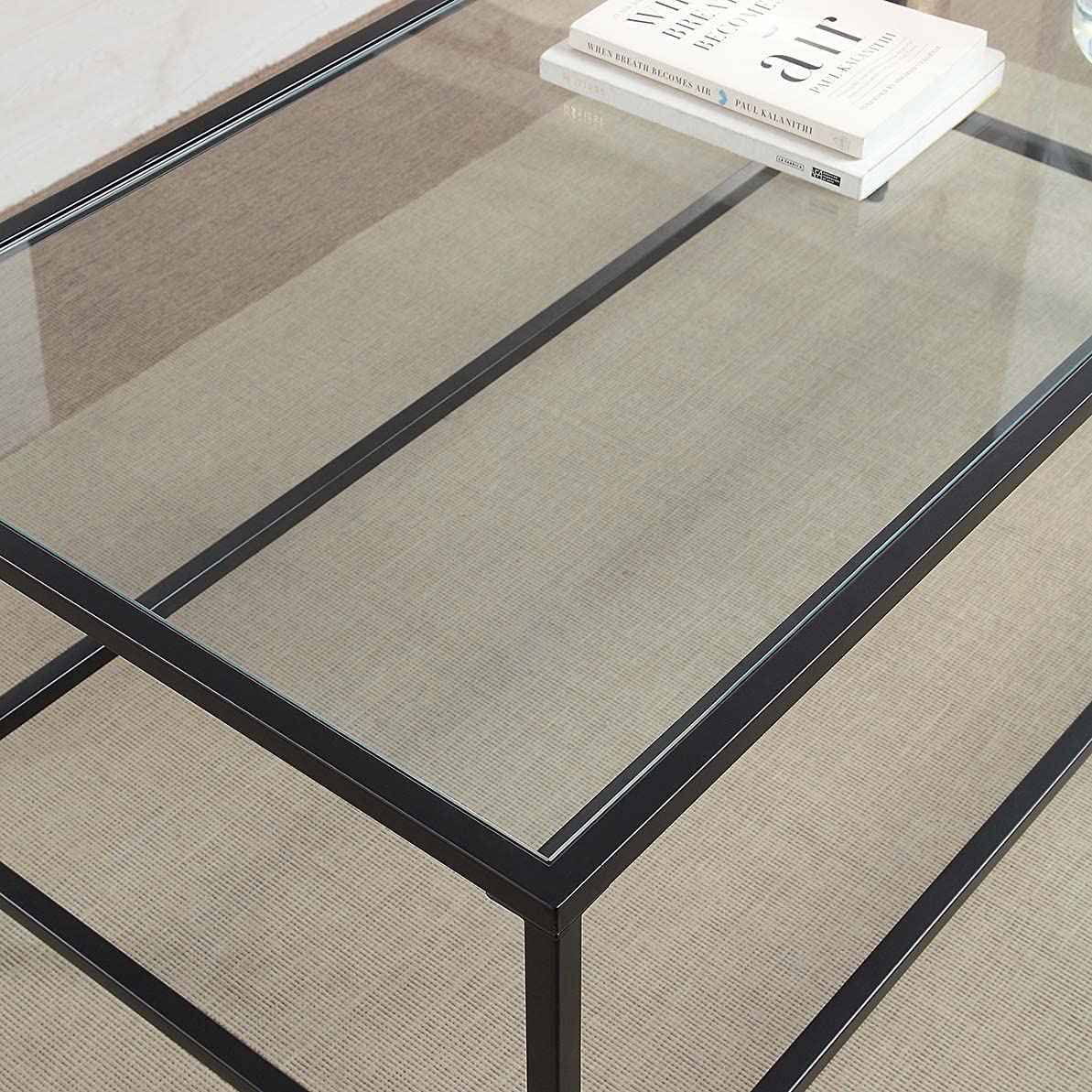 Black Coffee Table, Tempered Glass Wide Rectangle Coffee Table with Black Metal Frame, Modern Minimalist Center Table for Living Room, Dininng