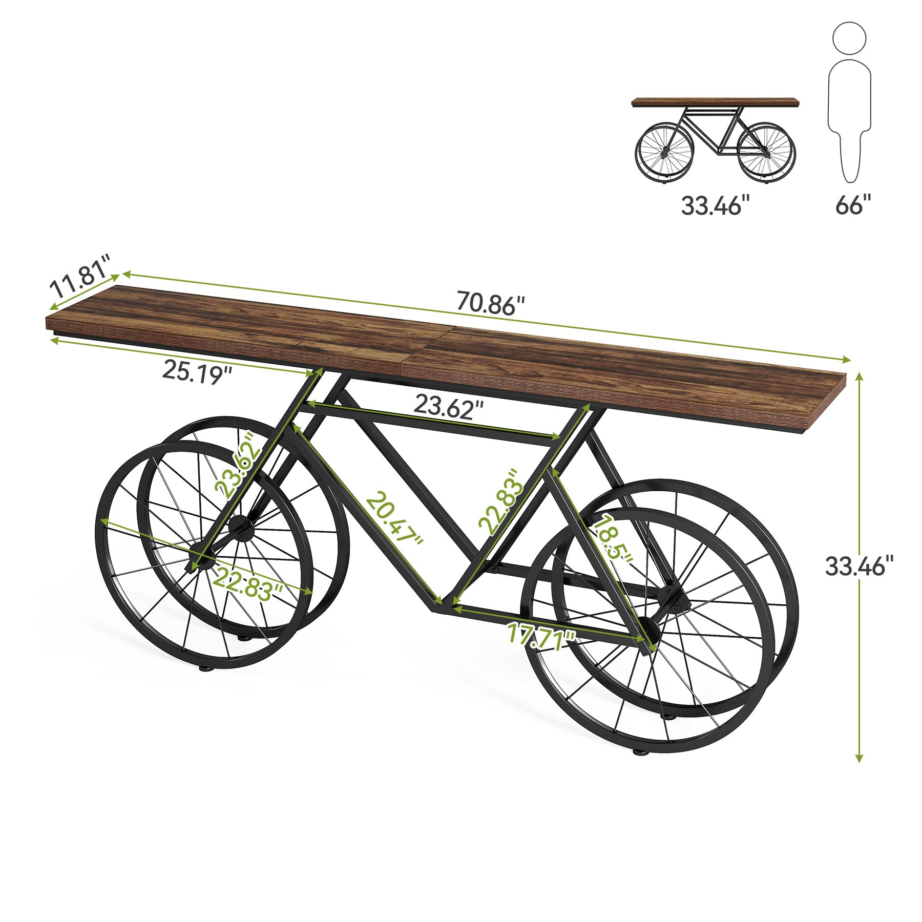Narrow Sofa Table, 70.9-Inch Extra Long Console Table for Living Room, Entryway, with Unique Bicycle Metal Base. Rustic Brown