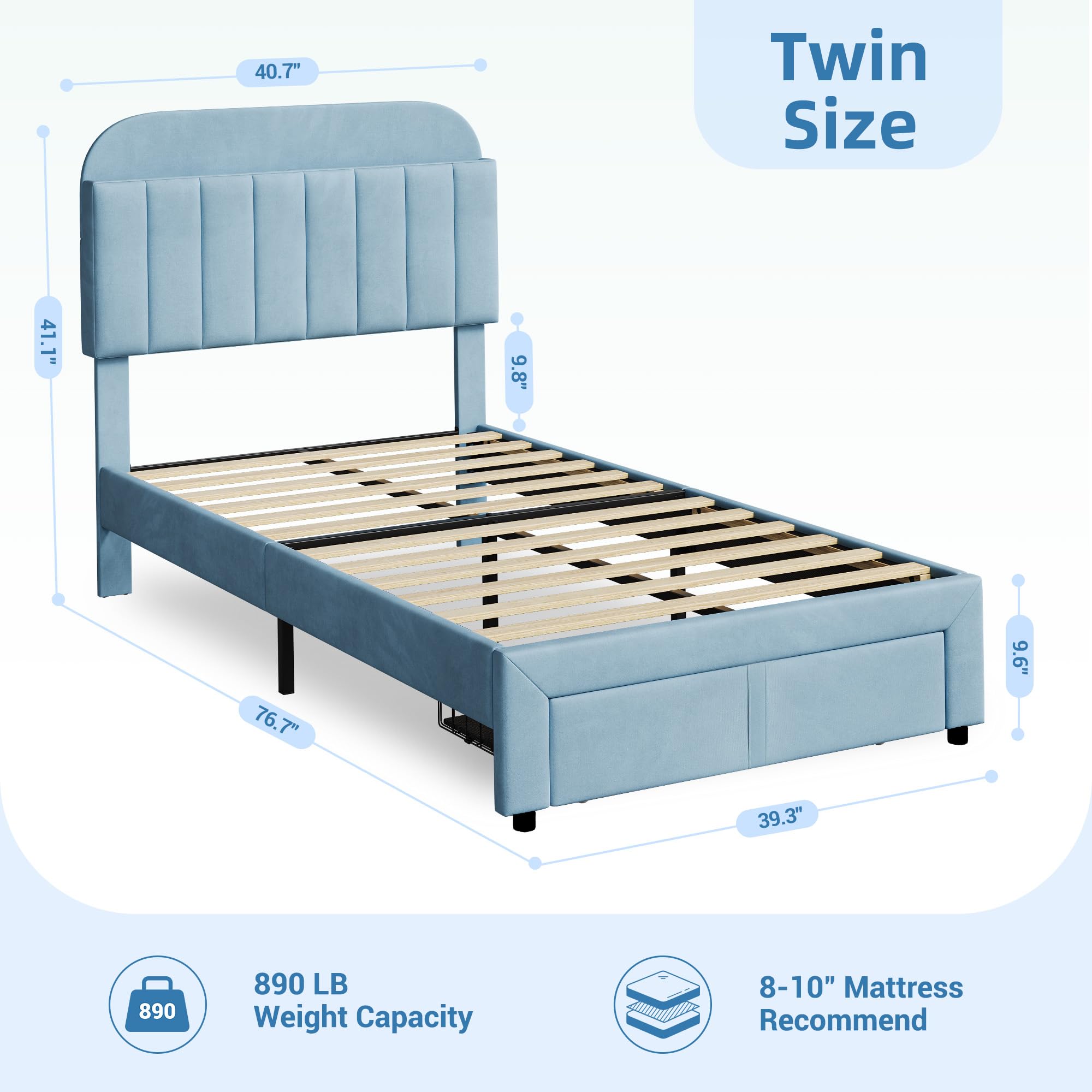 Set of 2 Twin Kids Beds – Blue Upholstered Platform Frames with Storage Drawers & Bookcase Headboards, No Box Spring Needed