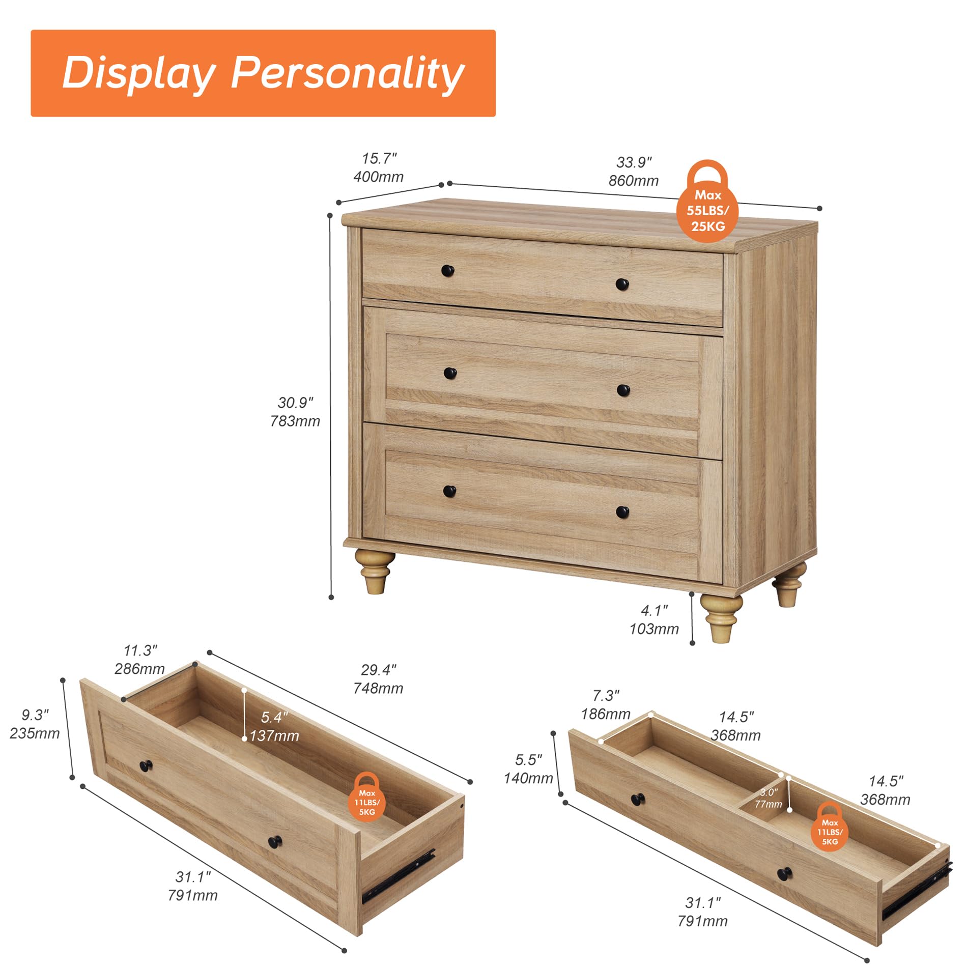 Set of 2 Farmhouse Nightstands, 34" Wide Oak Bedside Tables with 3 Drawers, Wood End Tables for Bedroom, Living Room, Sofa Side Storage