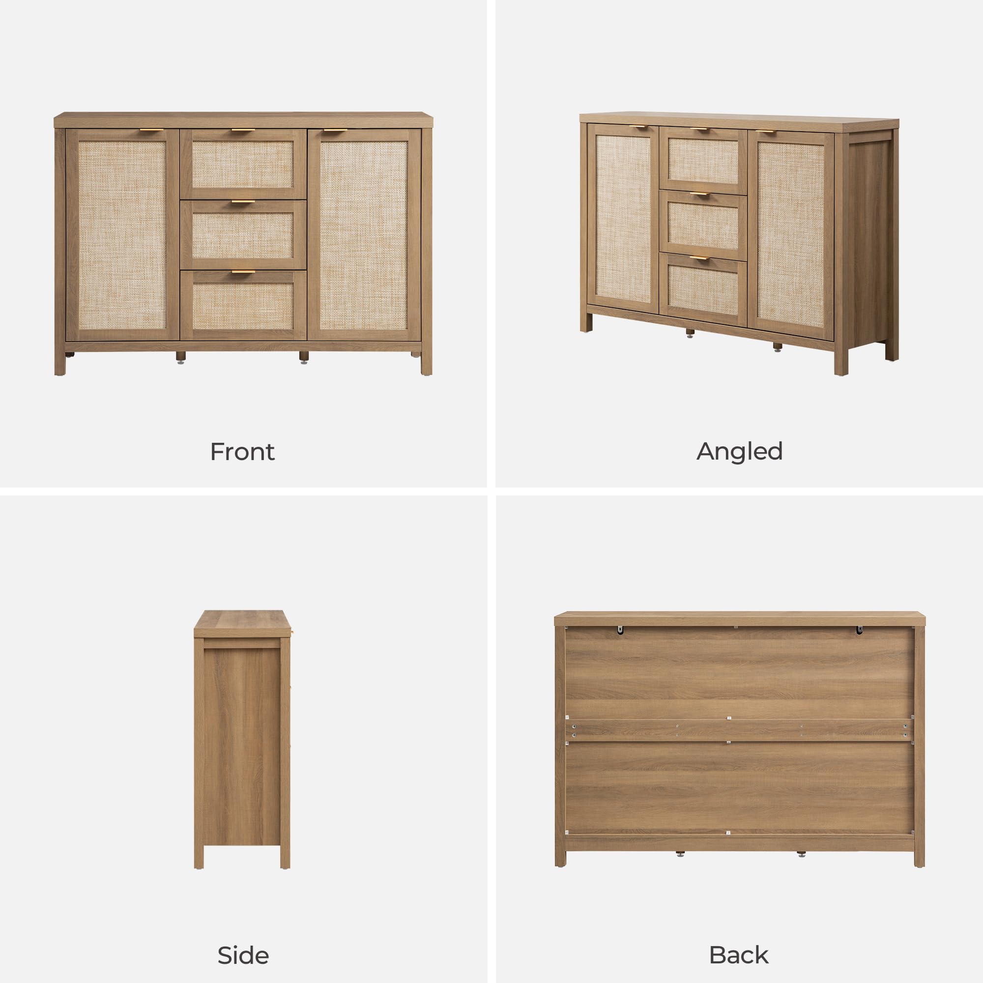 Rattan Sideboard Buffet Cabinet with Storage - 52" Larger Farmhouse Credenza Storage Coffee Bar Cabinet with 3 Drawers & 2 Doors, Boho