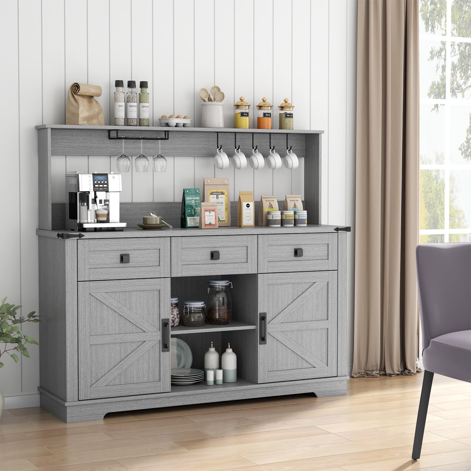 Farmhouse Bar Cabinet with Hutch, Kitchen Buffet Cabinet with Storage Cabinet & 3 Sliding Drawers, Adjustable Shelf, Goblet Holder, Cup