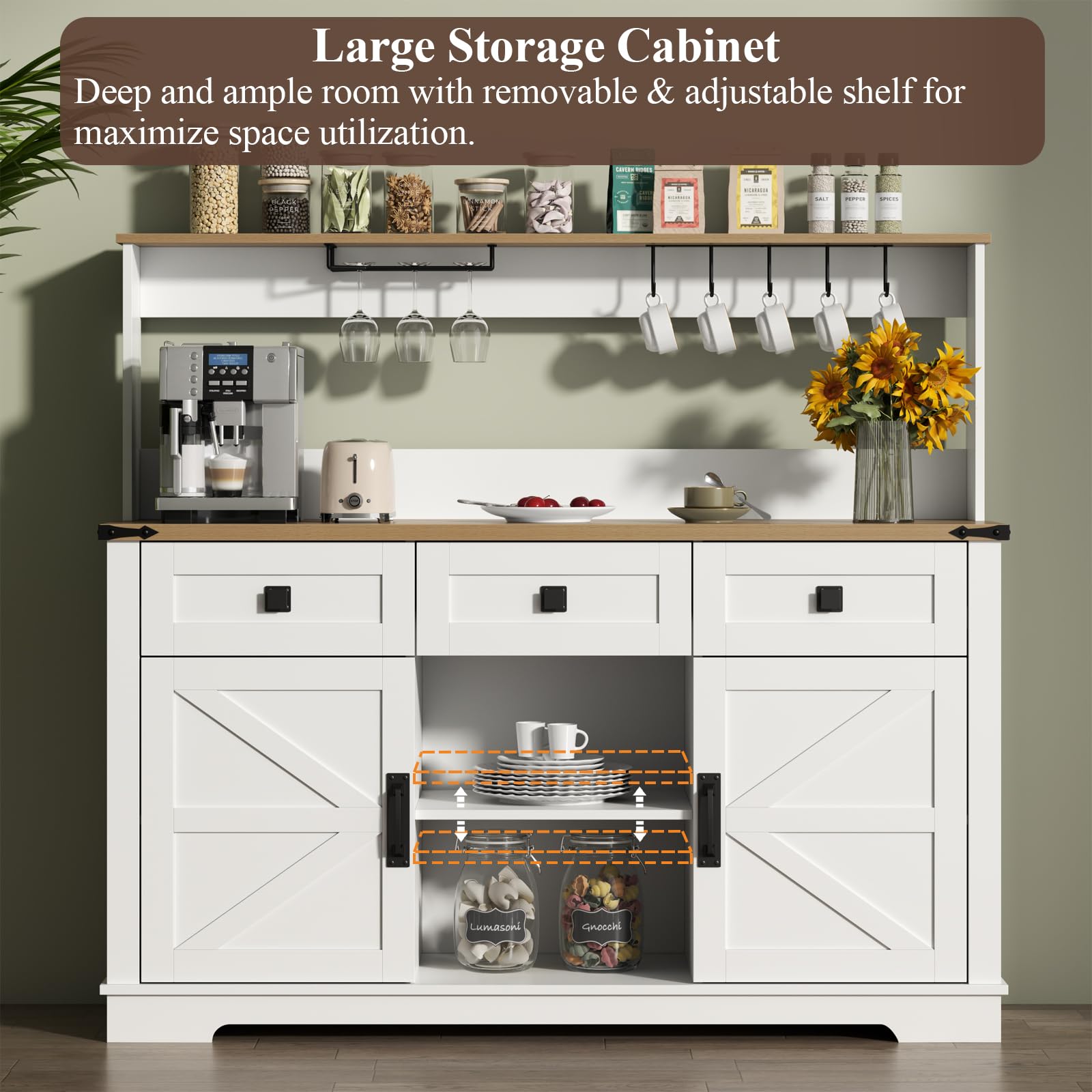 Farmhouse Bar Cabinet with Hutch, Kitchen Buffet Cabinet with Storage Cabinet & 3 Sliding Drawers, Adjustable Shelf, Goblet Holder, Cup