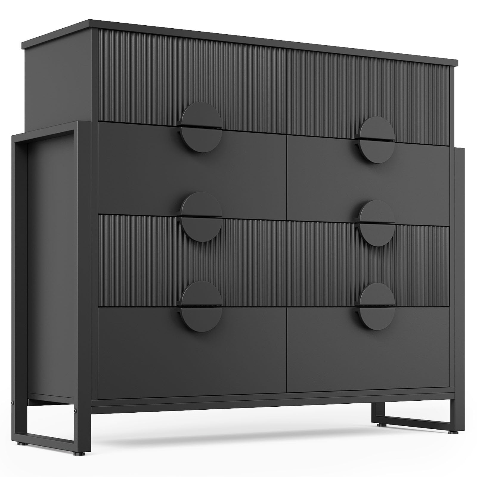 Fluted Black Dresser, 50" Wide Modern Chest with 8 Deep Drawers, 42.8" Tall, Raised H Legs & Curved Profile, Easy Round Handles, Black