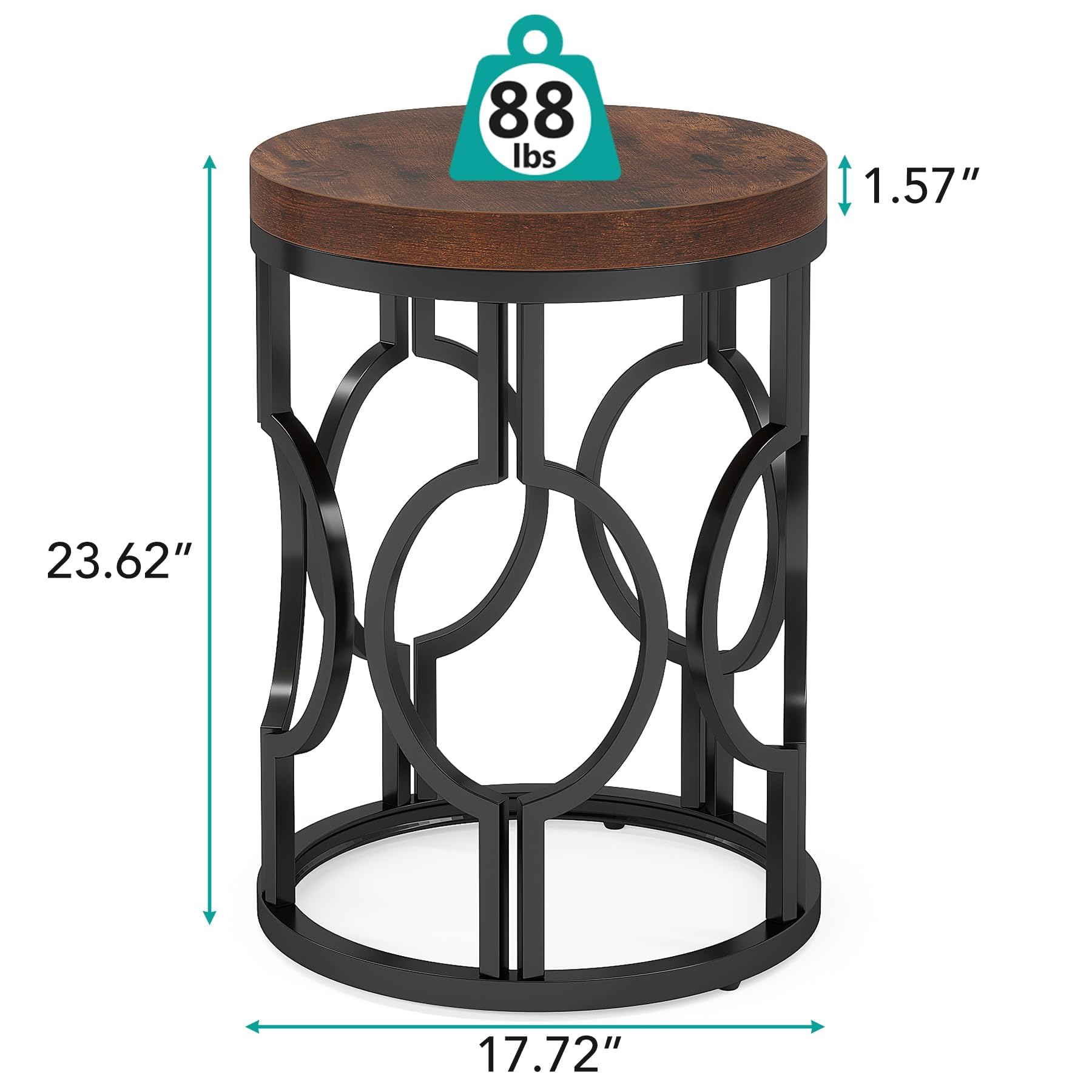 Set of 2 Round End Tables, Industrial Side Tables with Metal Hollow Frame, Small Nightstands for Bedroom or Living Room, Rustic Brown