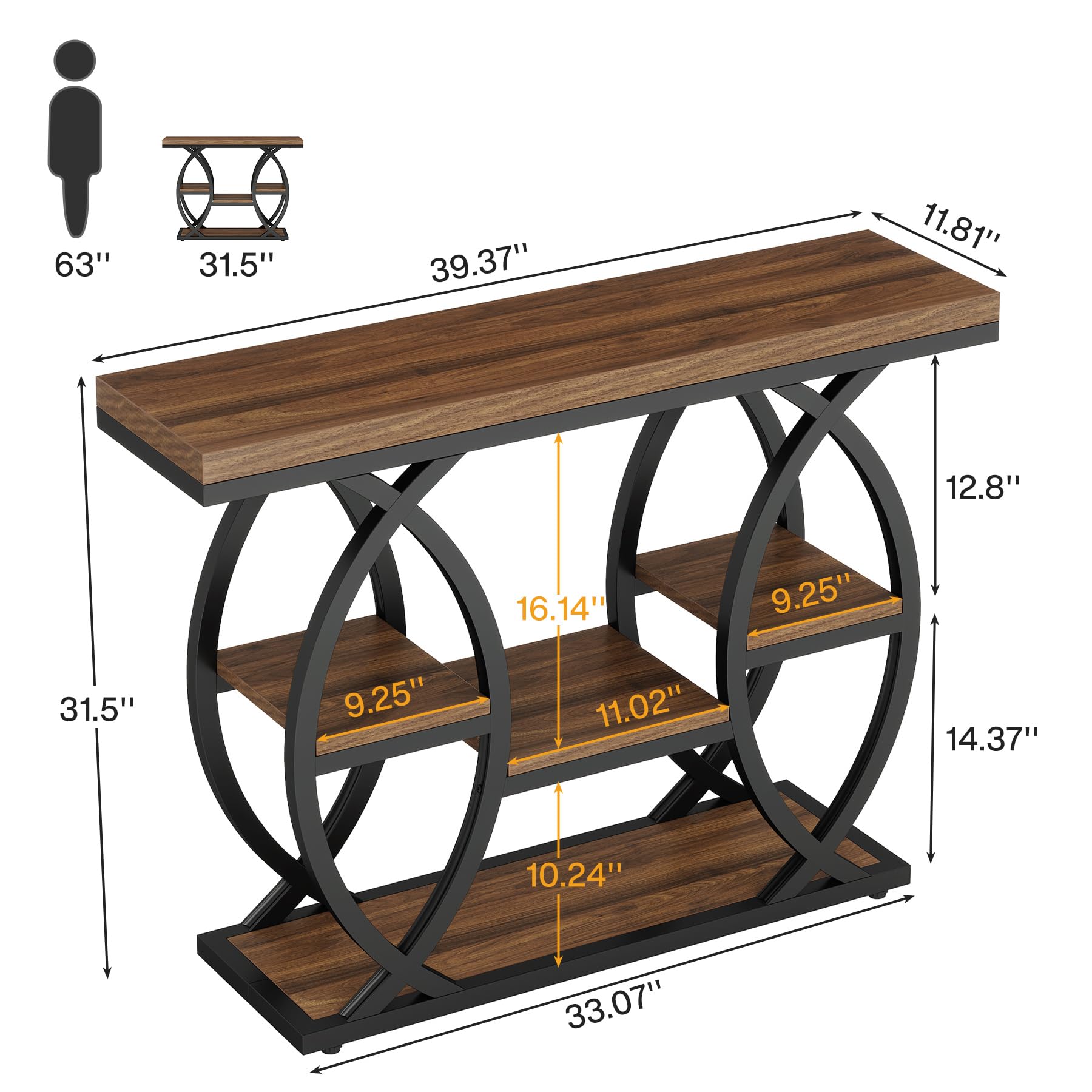 39.4" Industrial Console Table, 4-Tier Entryway Sofa Table with Storage Shelves, Narrow Wood Accent Table for Small Spaces, Rustic Brown