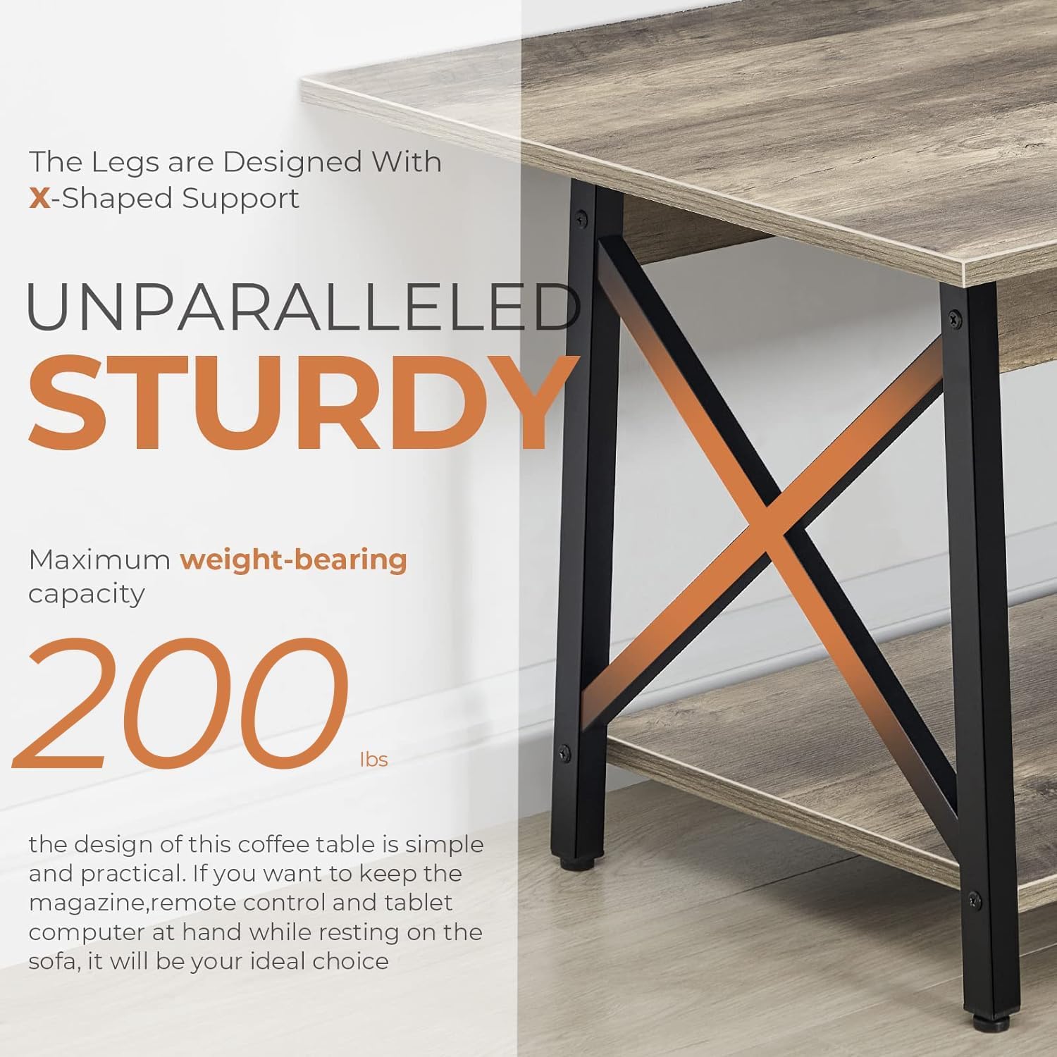 39" Coffee Table with Storage, Modern 2-Tier X-Frame Farmhouse Table for Living Room, Space-Saving, Easy Assembly, Grey Wash