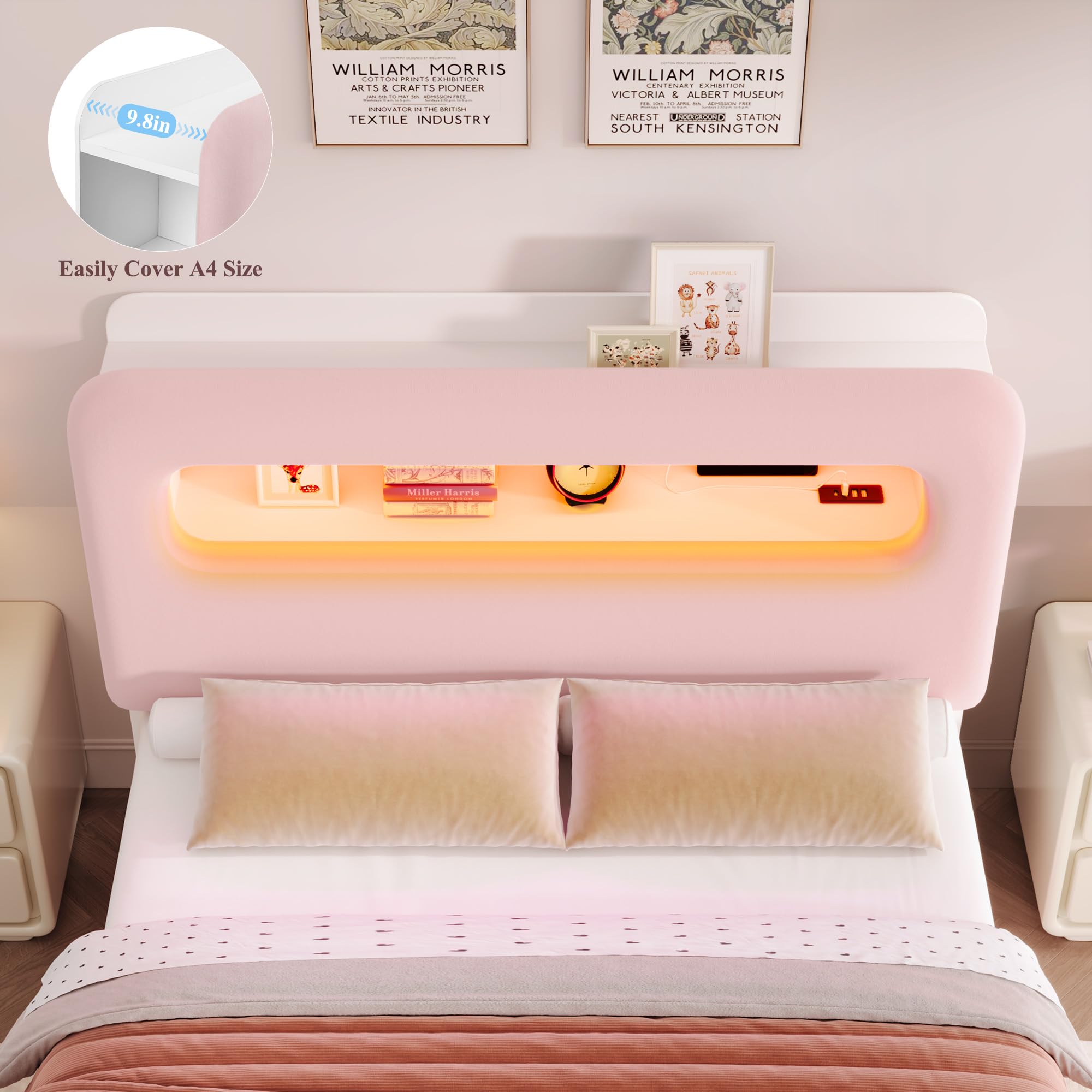 Full Size Velvet Upholstered LED Bed Frame with Storage Headboard, 4 Drawers, USB Charging Ports, No Box Spring Needed – Pink