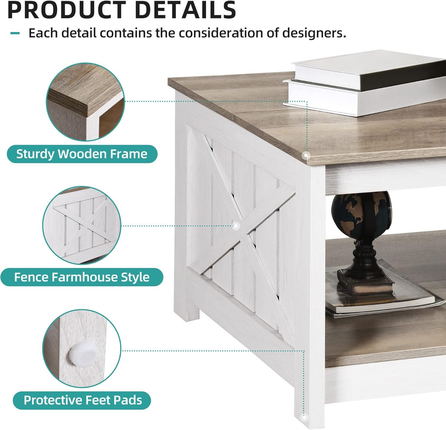 Farmhouse Coffee Table with Storage – Rustic Grey Wood Square Cocktail Table for Living Room, Half Open Compartment Design