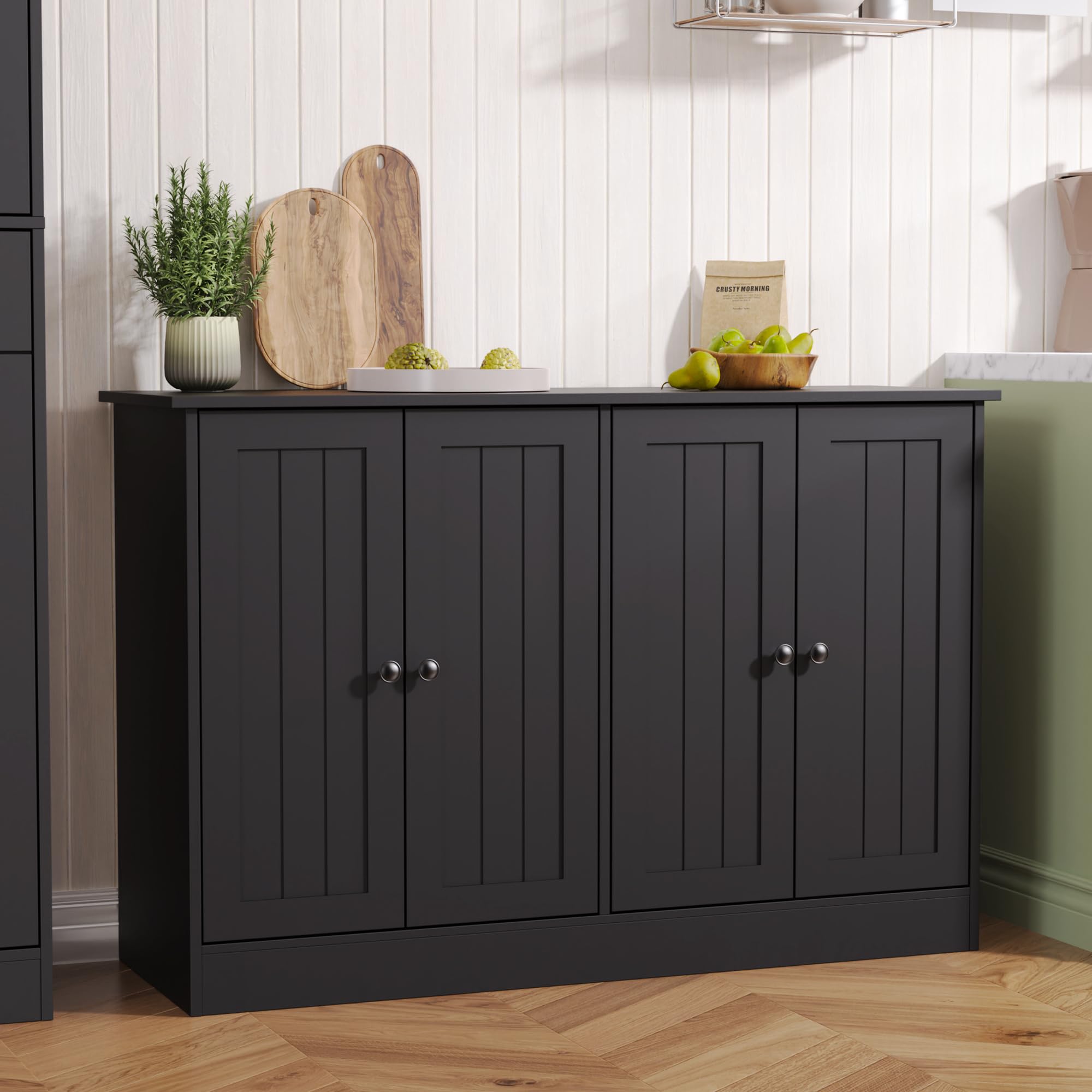 Sideboard Buffet Cabinet with Storage, 47" W Kitchen Storage Cabinet with 4 Doors, Modern Farmhouse Coffee Bar Station Wood Kitchen Table