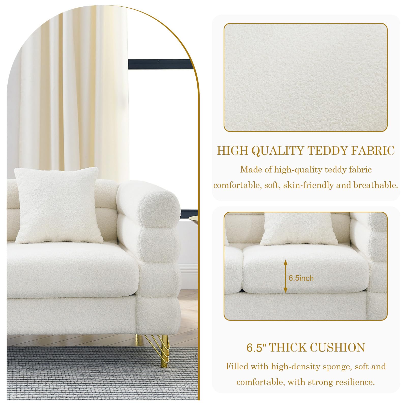 81" Modern Sofa Couch, Teddy Bouclé Oversized 3-Seater Loveseat with Deep Seats, Gold Legs & Pillows, for Living Room, Bedroom, White