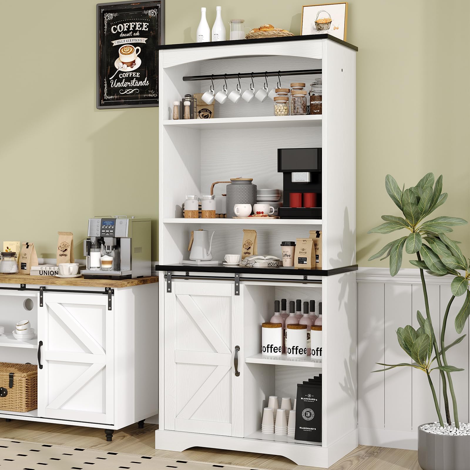 Farmhouse Tall Coffee Bar with Tall Hutch, White Coffee Bar Cabinet with 3 Tier Shelves, 70 Inch Buffet Cabinet with Sliding Barn Door and Adjustable