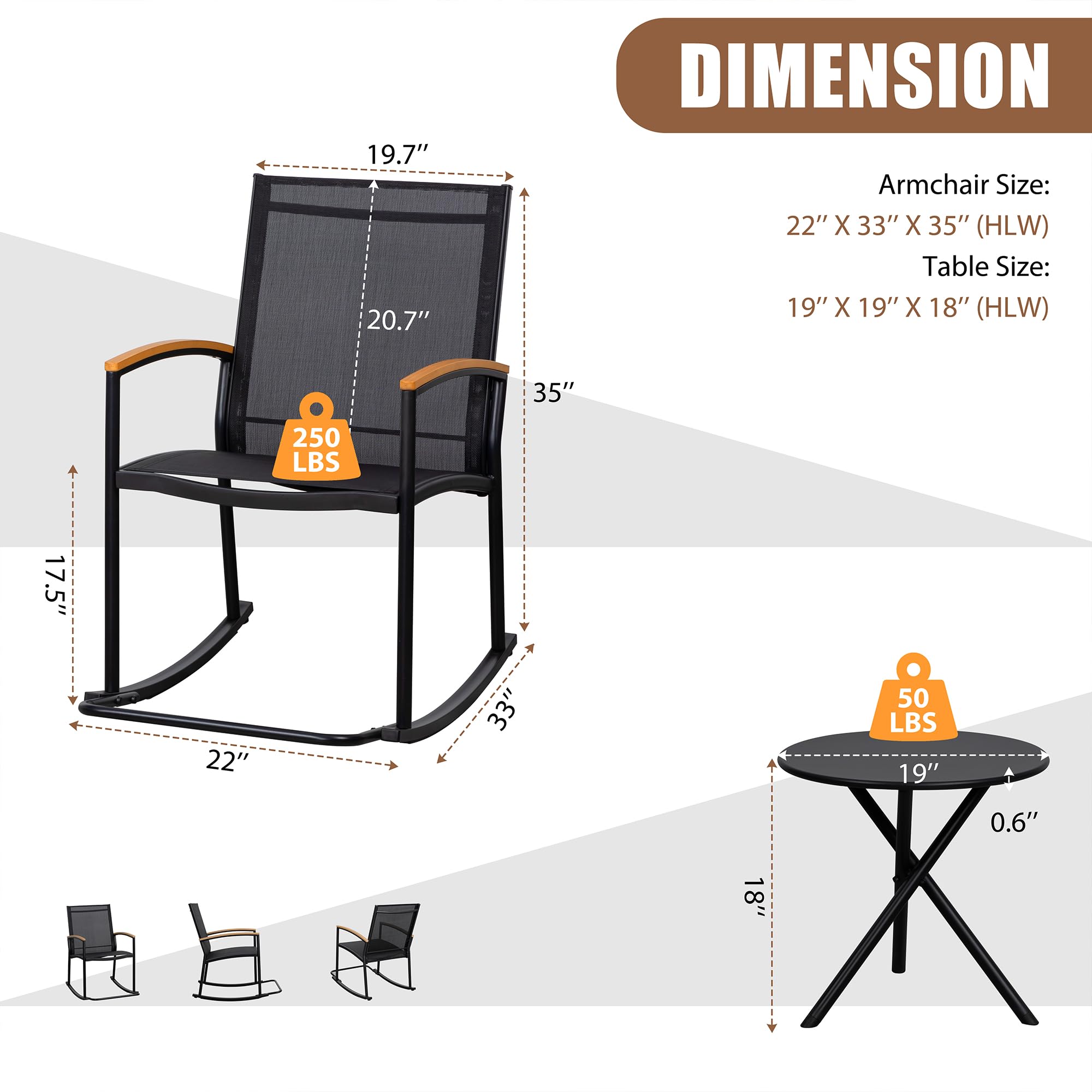 3 Piece Outdoor Rocking Bistro Set, Textilene Fabric Patio Furniture with Table, Porch Rocker Chairs for Lawn, Garden, Balcony, Black