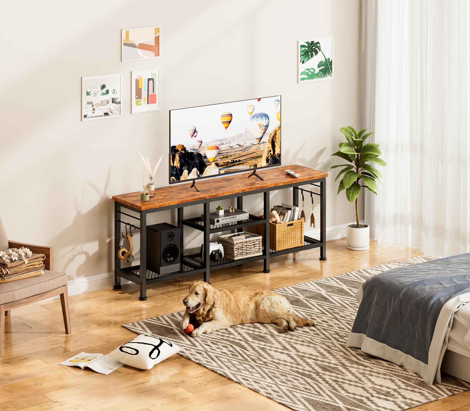 TV Stand for TVs up to 55", Entertainment Center with Open Storage Shelves & Soundbar Shelf, Media Console Table for Living Room, Bedroom, Rustic Brown