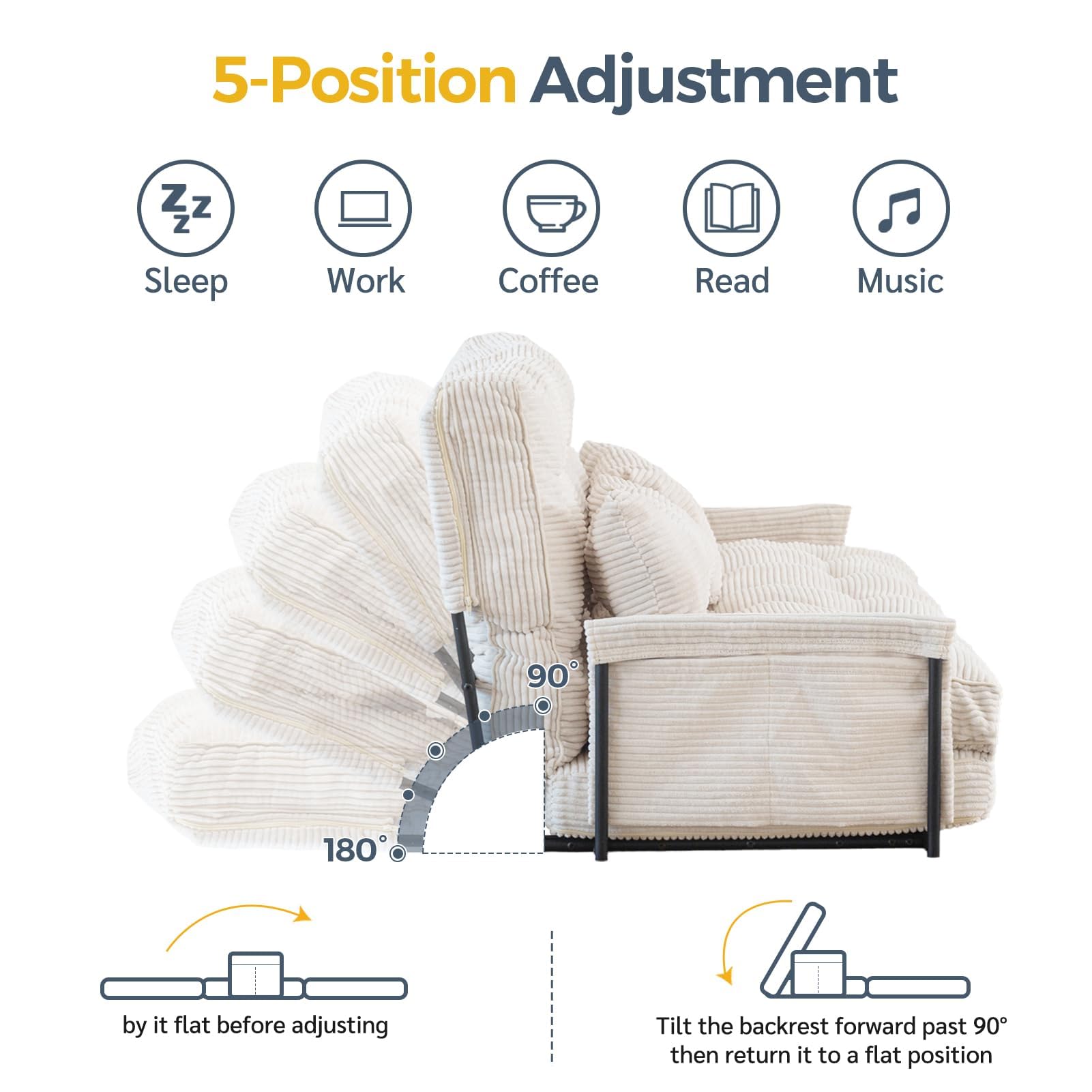 Adjustable Floor Sofa Couch with 2 Pillows, 5-Position Foldable Sleeper Bed, Lazy Bean Bag Sofa for Reading, Gaming, Beige, Double Size