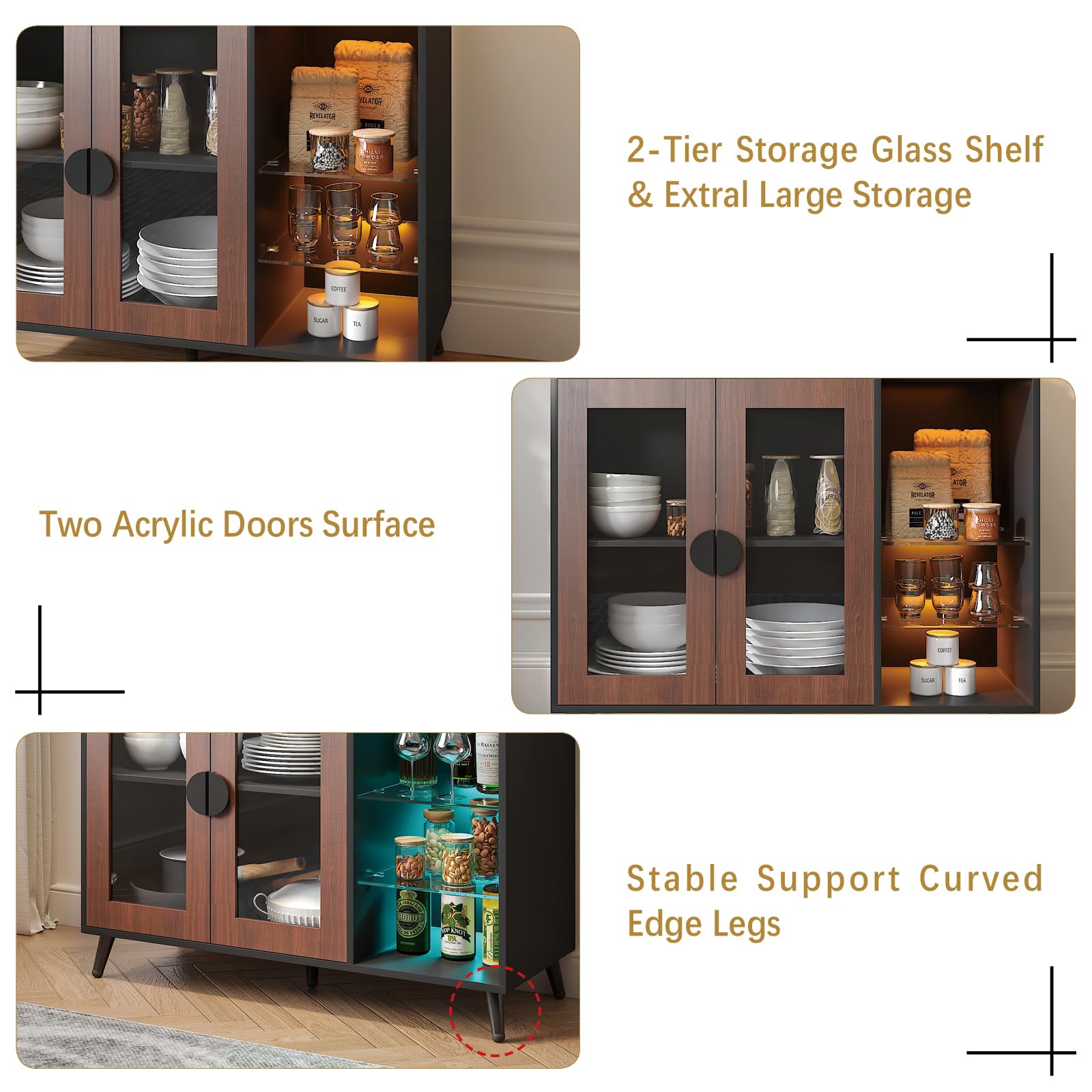Sideboard Buffet Cabinet with Storage, Modern LED Coffee Bar Buffet Table with Acrylic Doors & Glass Storage Shelves, Sideboard for Kitchen,