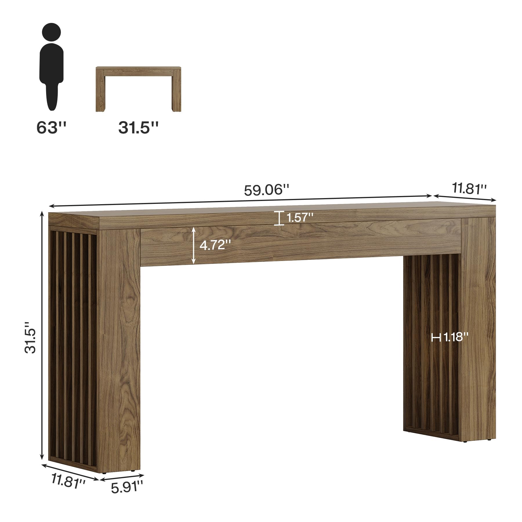 59-Inch Long Wooden Console Sofa Table Behind Couch with Vertical Slat Legs, Entryway Table for Hallway, Entrance, Living Room, Rustic Brown