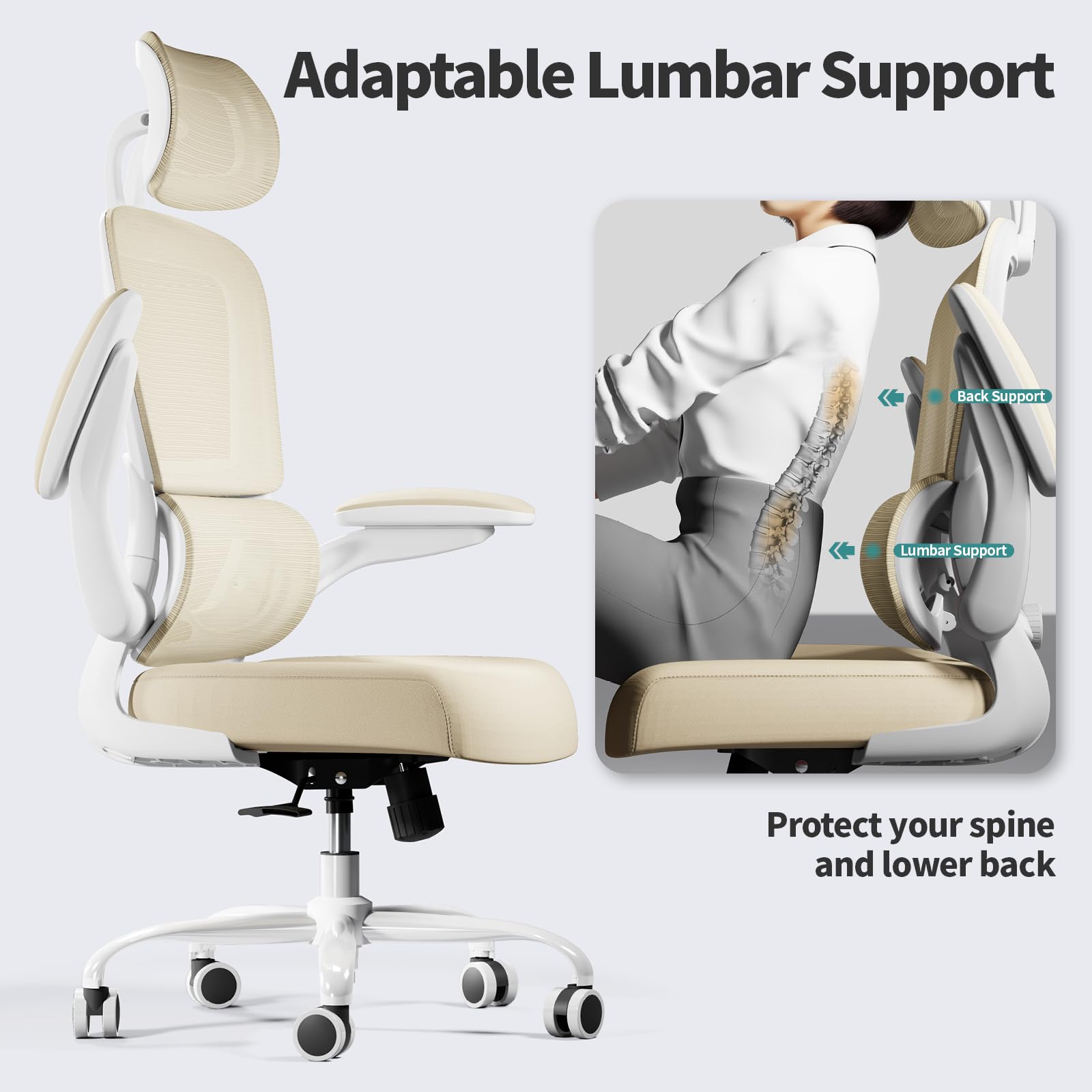 Ergonomic Office Chair, High Back Mesh Desk Chair with Wheels, Supports 330 lbs, Comfortable for Long Hours, Home & Gaming Use, Beige