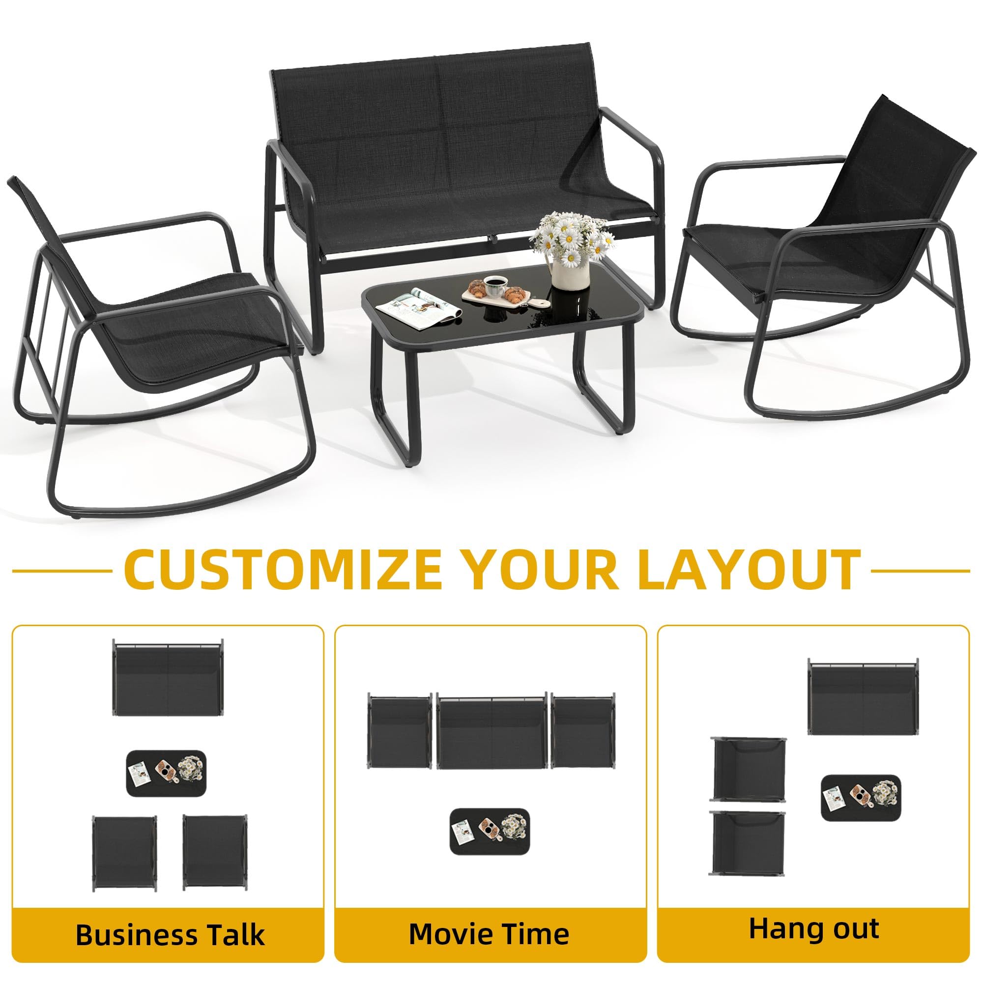 4-Piece Patio Furniture Set, Textilene Conversation Set with 2 Rocking Chairs and Tempered Glass Coffee Table, Perfect for Indoor Patio Lawn Garden Poolside, Black