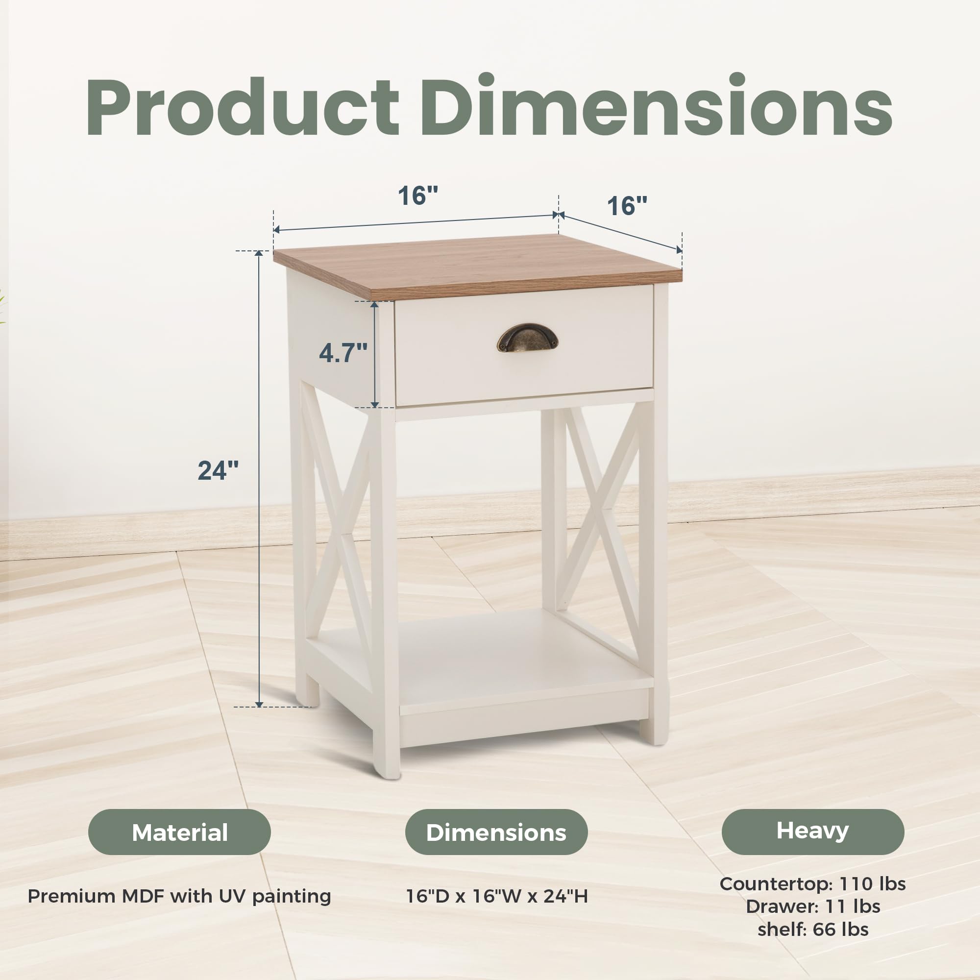 End Table Living Room Set of 2 - Farmhouse Bedroom Nightstands Small Bedside Table, Ivory White Side Table