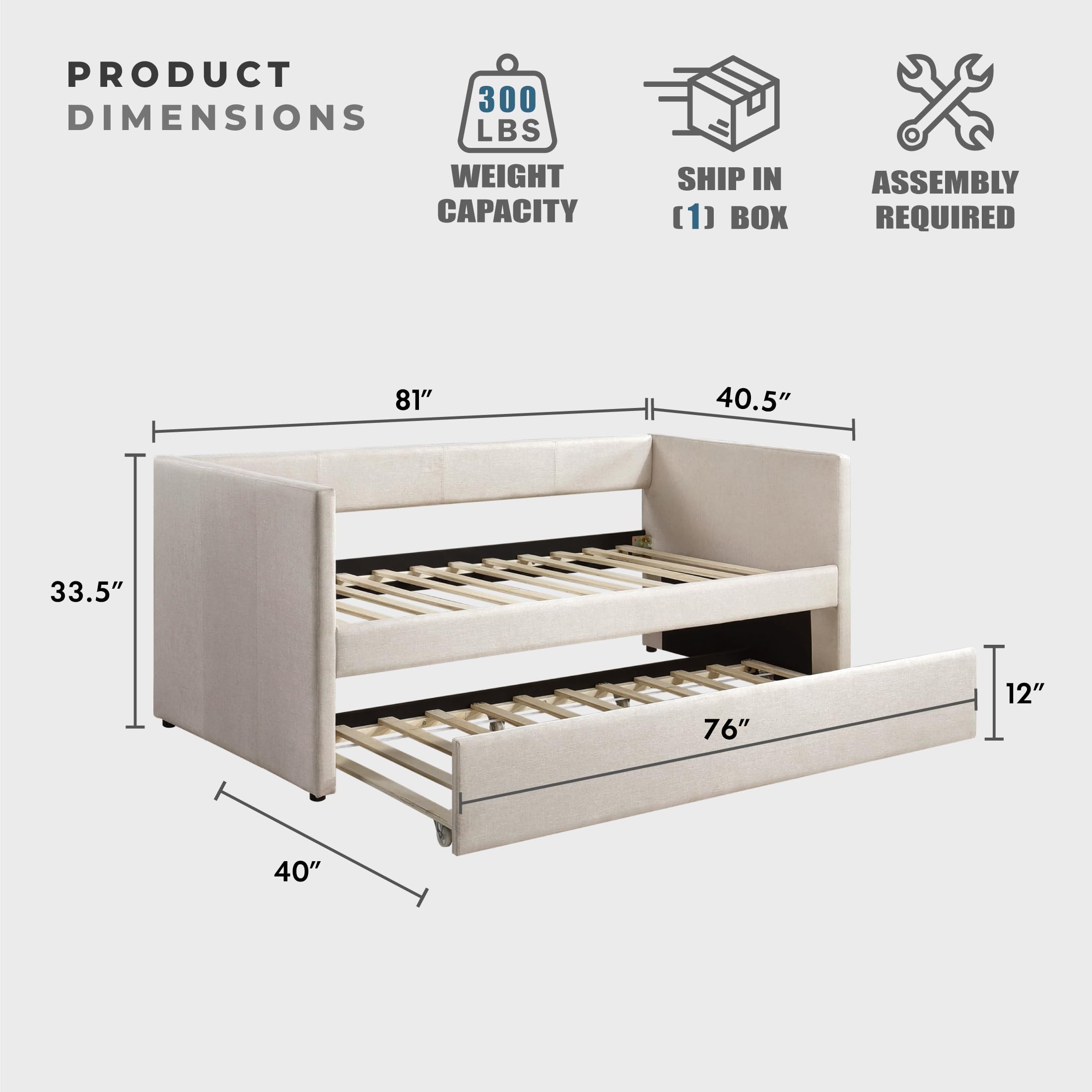 Upholstered Twin Daybed with Trundle, Textured Fabric Sofa Bed with Backrest & Wood Slat Support for Bedroom, Guest Room, Beige