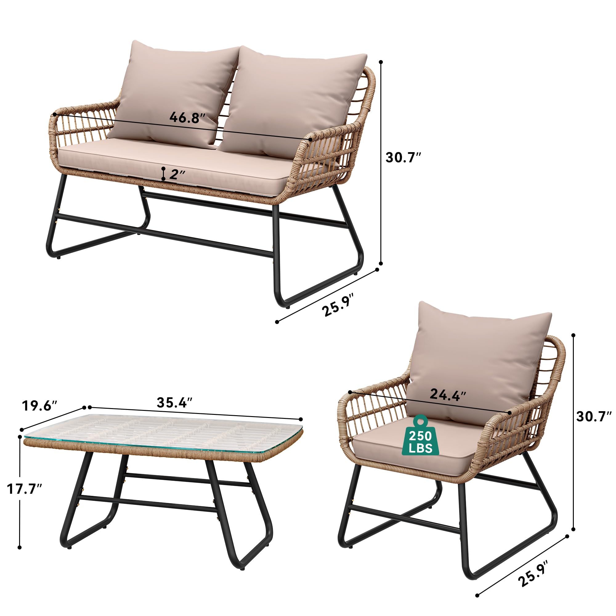Outdoor Patio Conversation Set 4 Pieces, Wicker Furniture with Cushions & Coffee Table, Rattan Bistro Chairs with Side Table, Beige