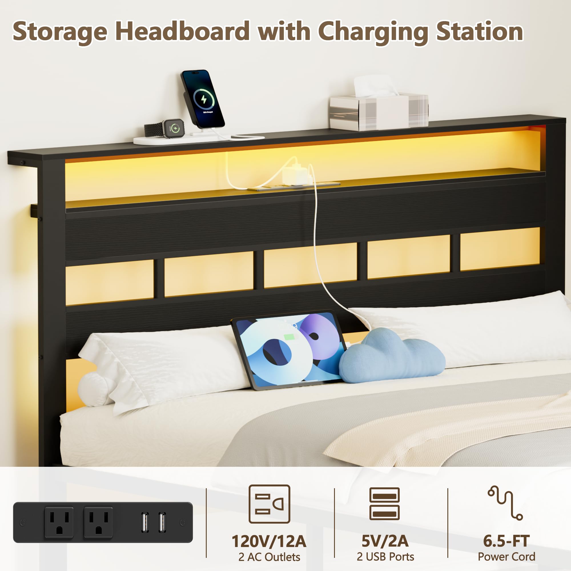 Full Size Bed Frame with LED Light and Charging Station, Wood Storage Headboard with 2-Tier Shelves, Metal Platform Bed with Heavy Duty Slat