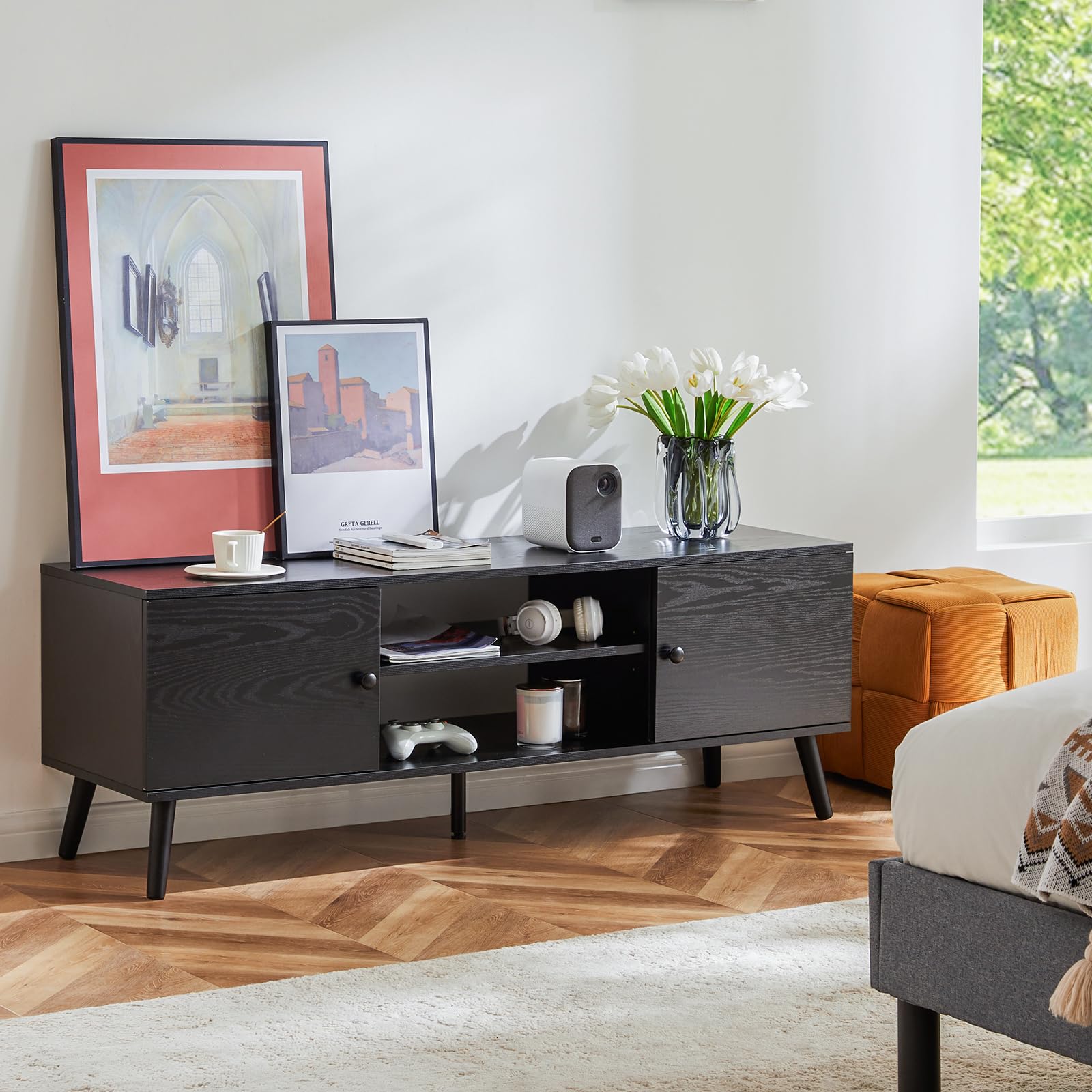 TV Stand for TVs up to 55", Entertainment Center with Open Storage Shelves & Soundbar Shelf, Media Console Table for Living Room, Rustic Brown