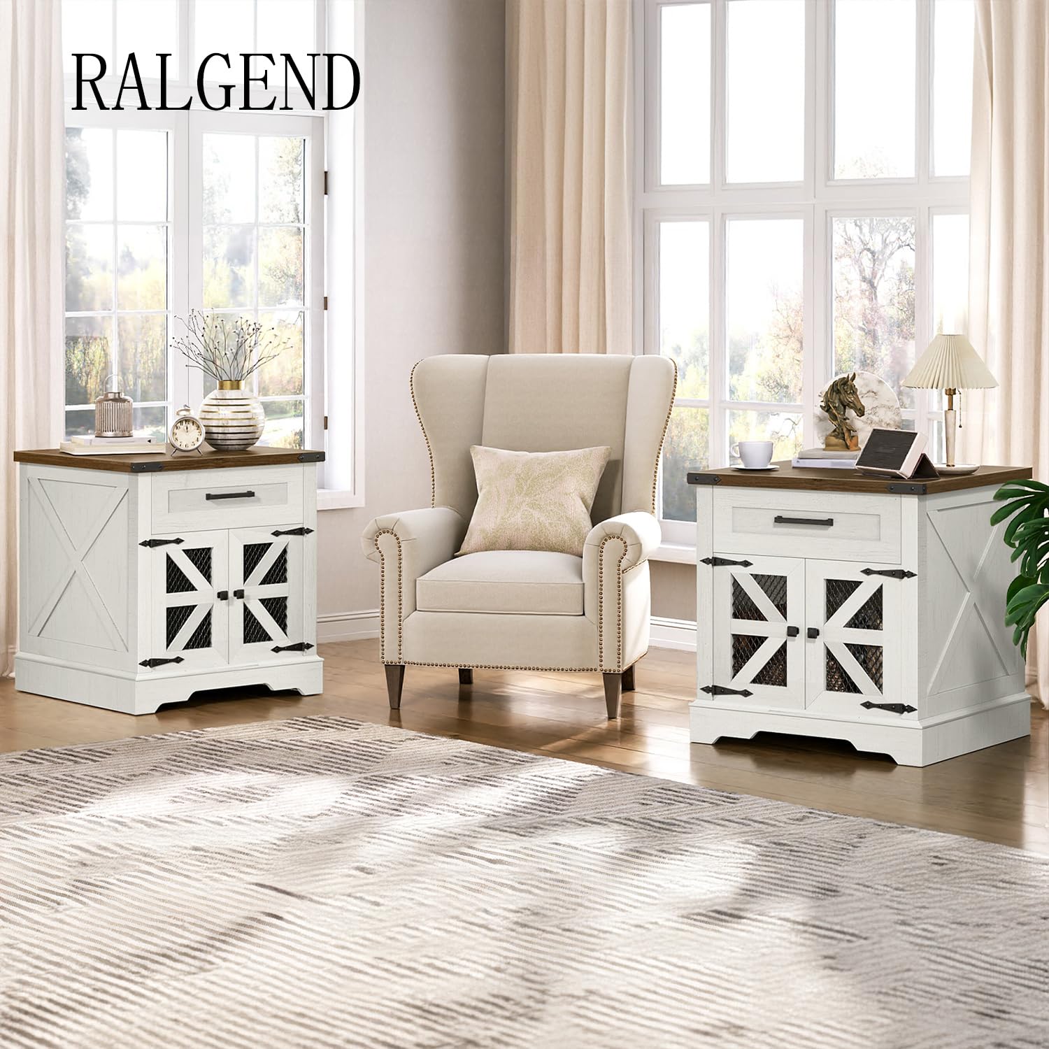 Set of 2 White Farmhouse End Tables, 24" Large Side Tables with Drawer & Charging Station, Square Wooden Nightstands, White & Walnut