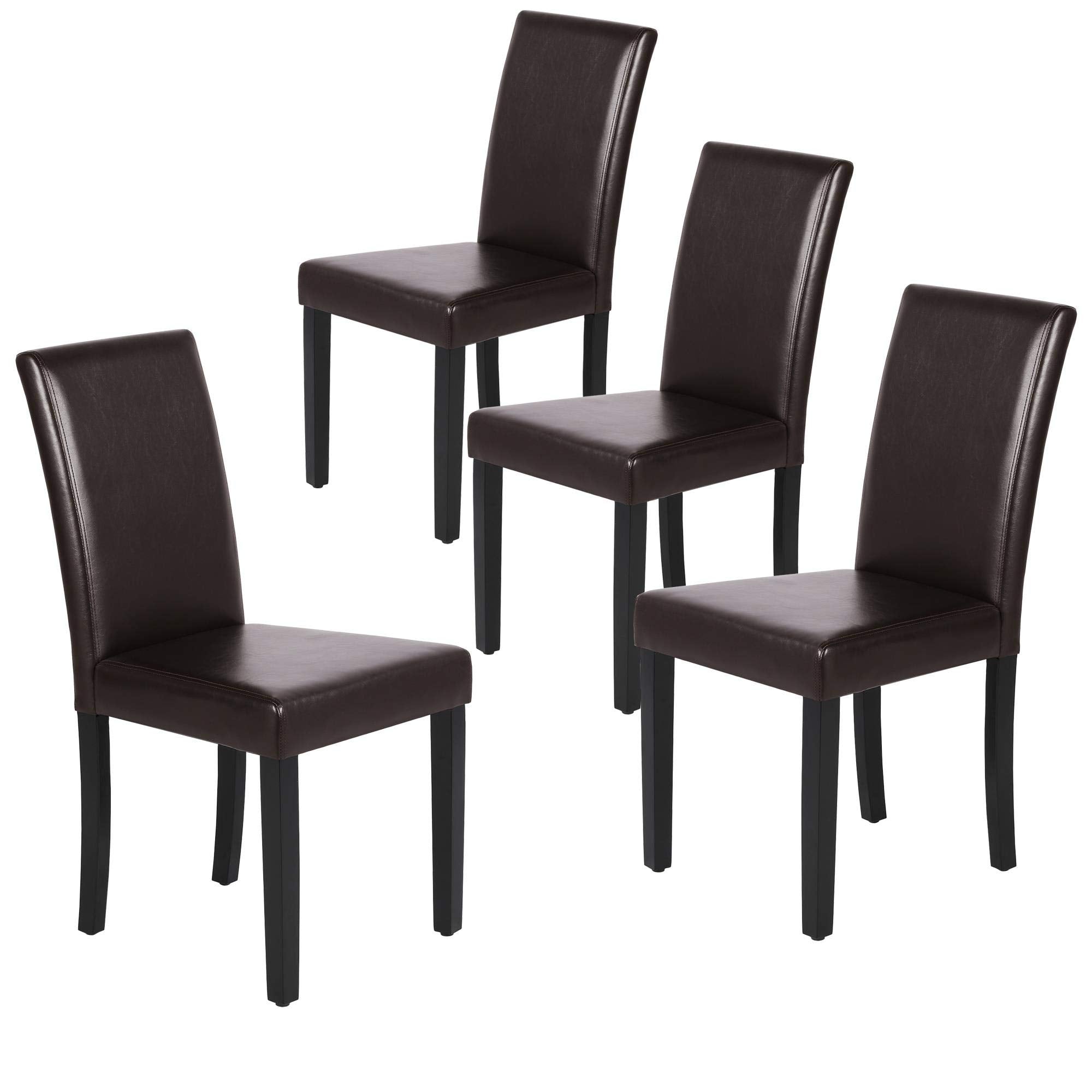 Dining Chairs Set of 4 PU Leather Dining Room Chairs with Waterproof Surface and Wood Legs for Kitchen Restaurant and Living Room, Dark Brown