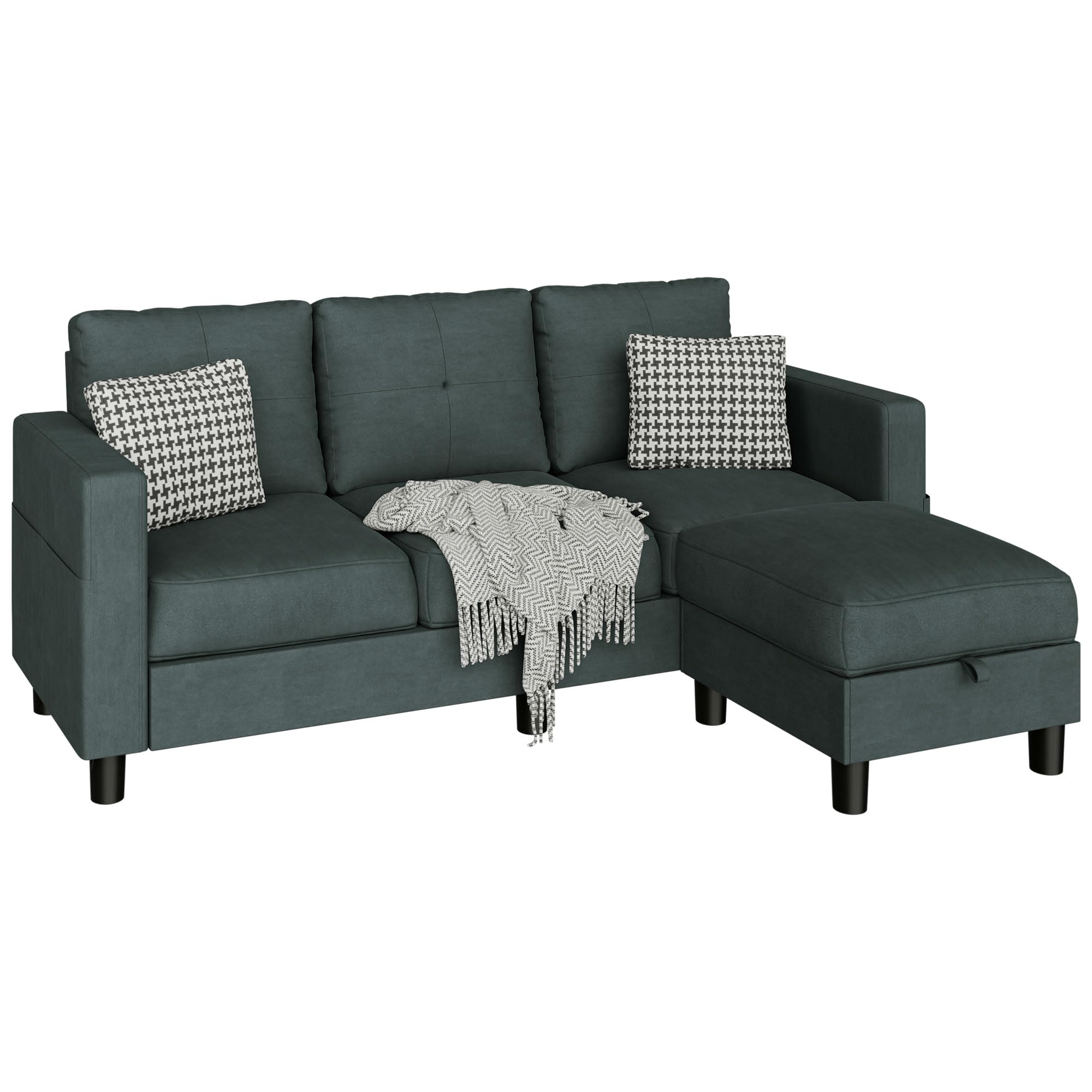 Convertible Sectional Couch, 3-Seat L-Shaped Sofa with Movable Ottoman, Polyester Fabric Sofa for Living Room, Apartment, Office, Dark Green