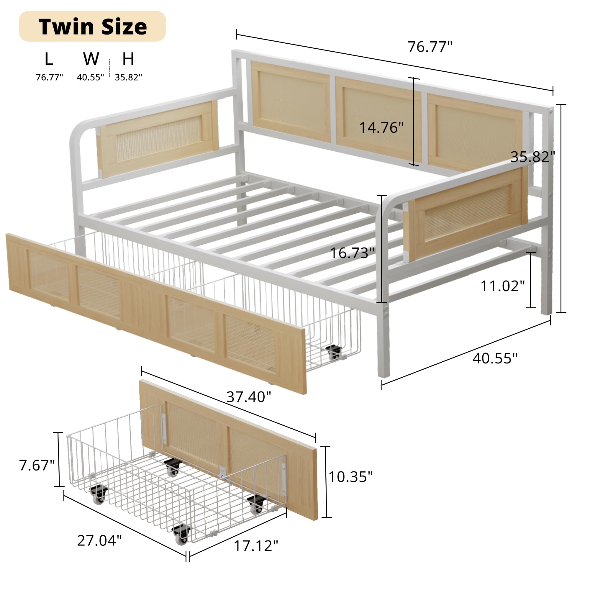 Twin Daybed with Storage Drawers, Rattan Style Corner Bed Frame with Strong Supports for Bedroom, Living Room, Guest Room