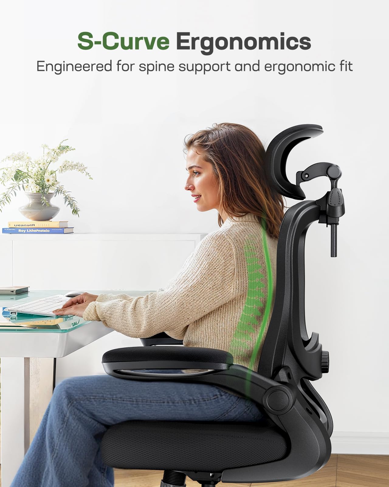Ergonomic Office Chair: Ergonomic Gaming Chair with 3D Headrest, 3D Lumbar Support, Flip-up Armrests, High Back Adjustable Desk Chair with 90-120° Tilt Lock, Thick Cushion (Black)