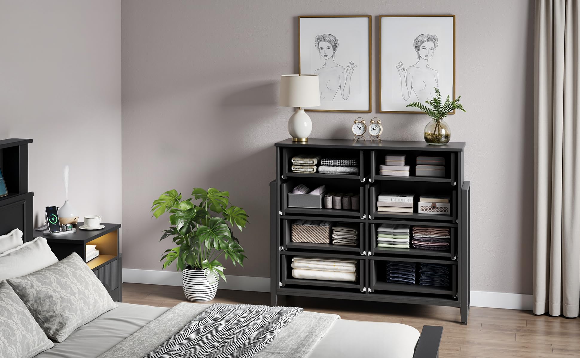 Fluted Black Dresser, 50" Wide Modern Chest with 8 Deep Drawers, 42.8" Tall, Raised H Legs & Curved Profile, Easy Round Handles, Black
