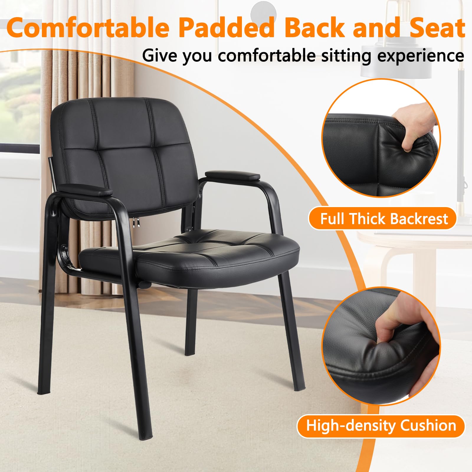 Waiting Room Guest Chair with Bonded Leather Padded Arm Rest for Office Reception and Conference Desk Black 4 Pack