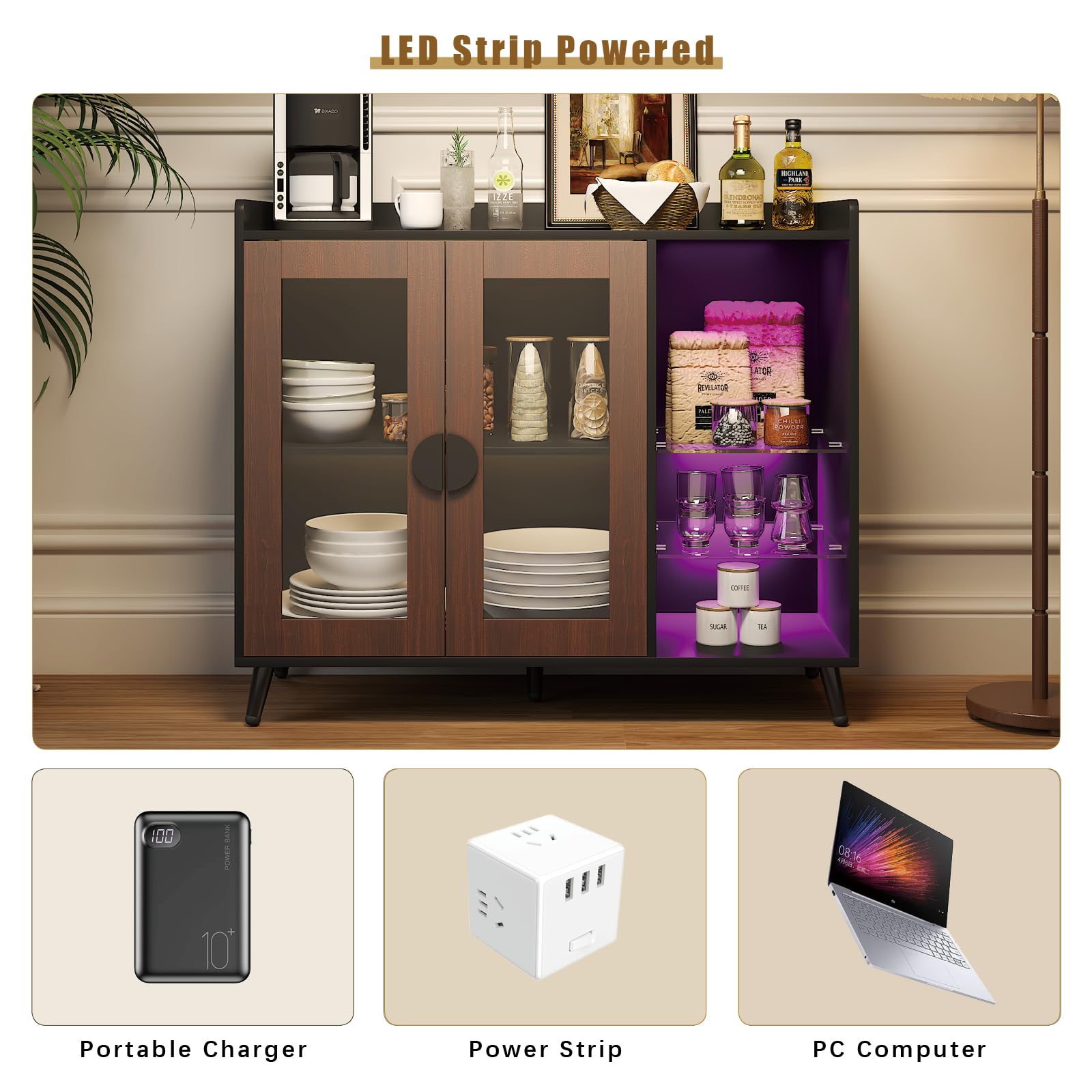 Sideboard Buffet Cabinet with Storage, Modern LED Coffee Bar Buffet Table with Acrylic Doors & Glass Storage Shelves, Sideboard for Kitchen,