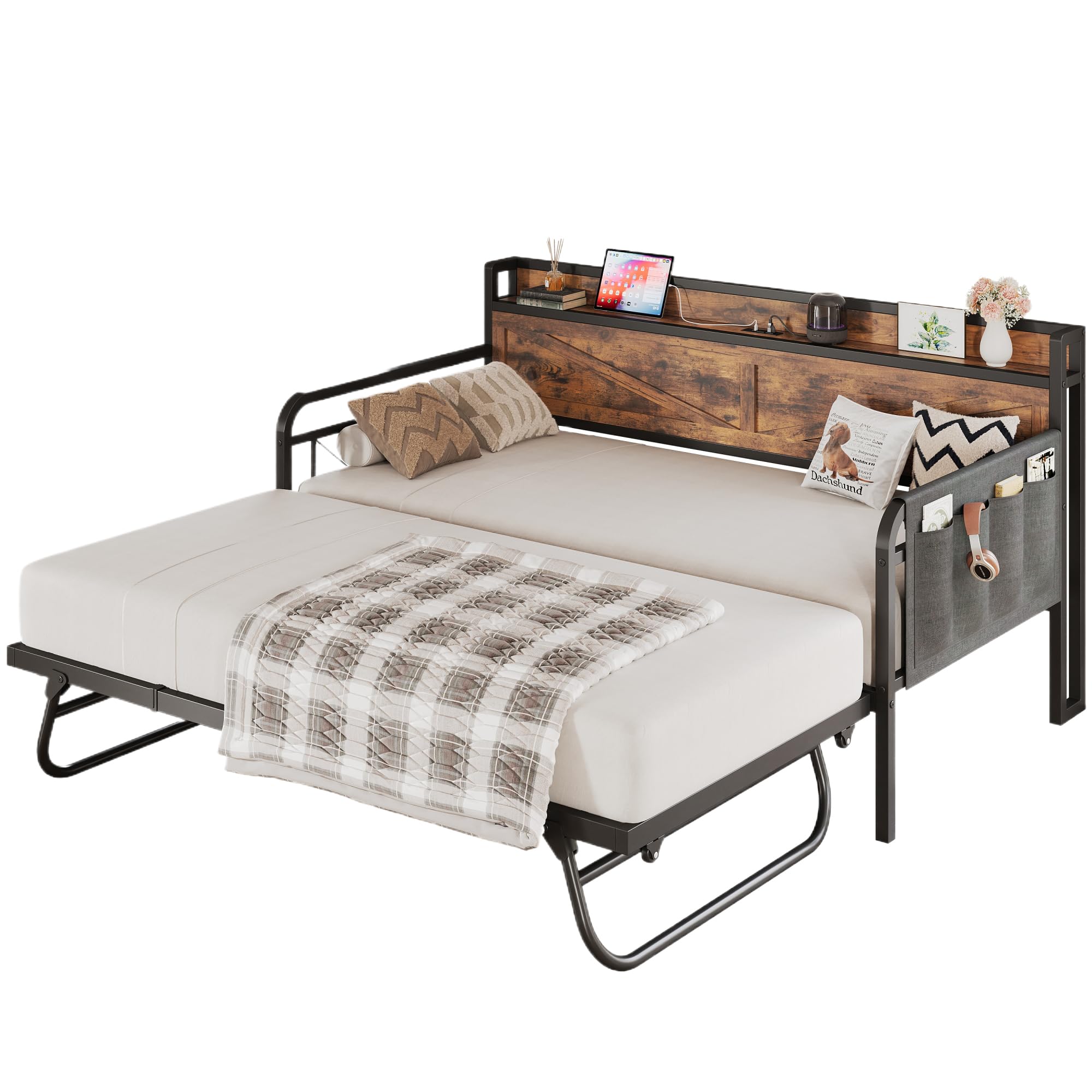 Twin Daybed with Trundle, Storage Headboard with Charging Station, Sturdy Sofa Bed for Bedroom, Living Room, Industrial Brown