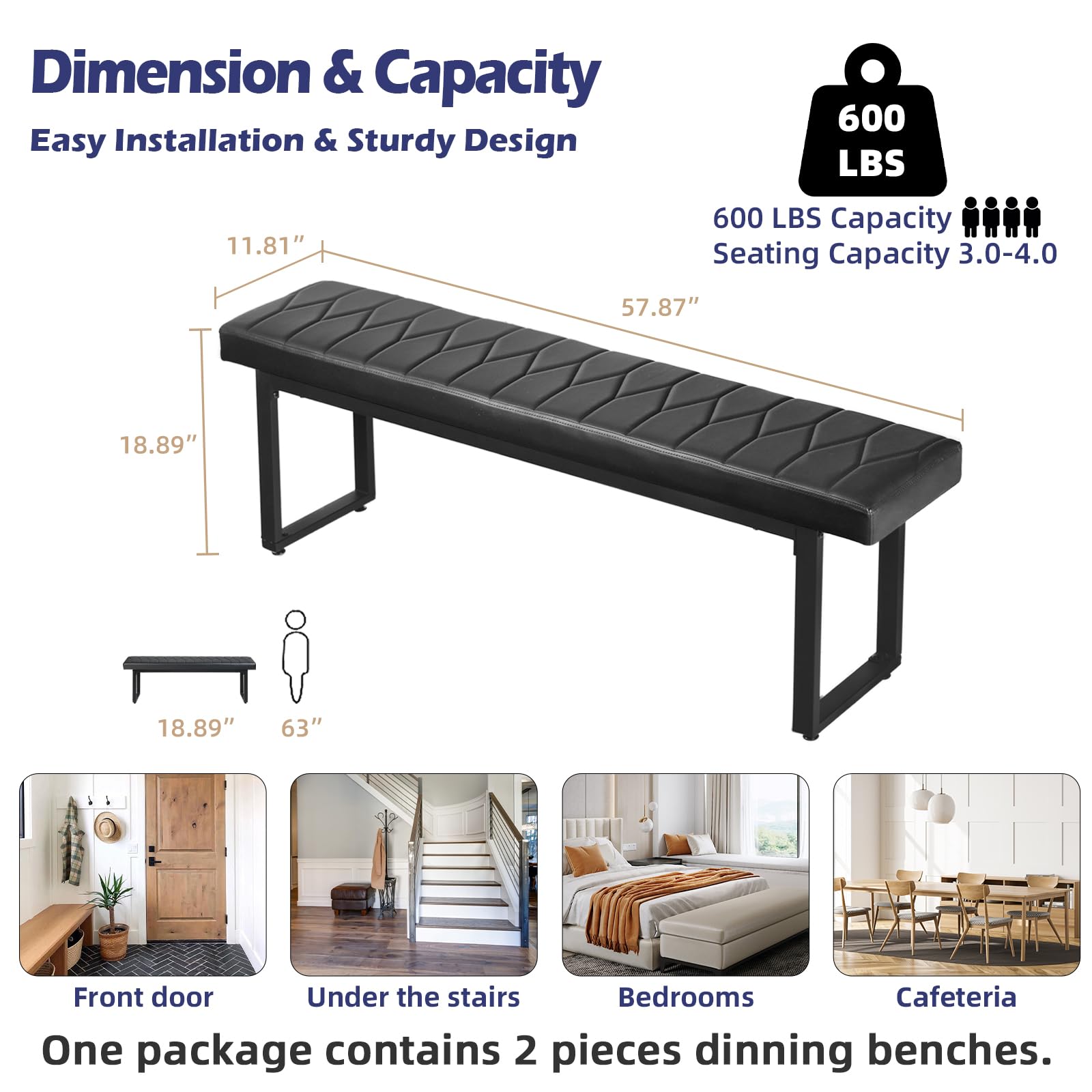 Set of 2 Padded 58" Dining Benches, Faux Leather Extra Long Cushioned Seats for 6–8 People, Entryway, Bedside, Dining Room, Black