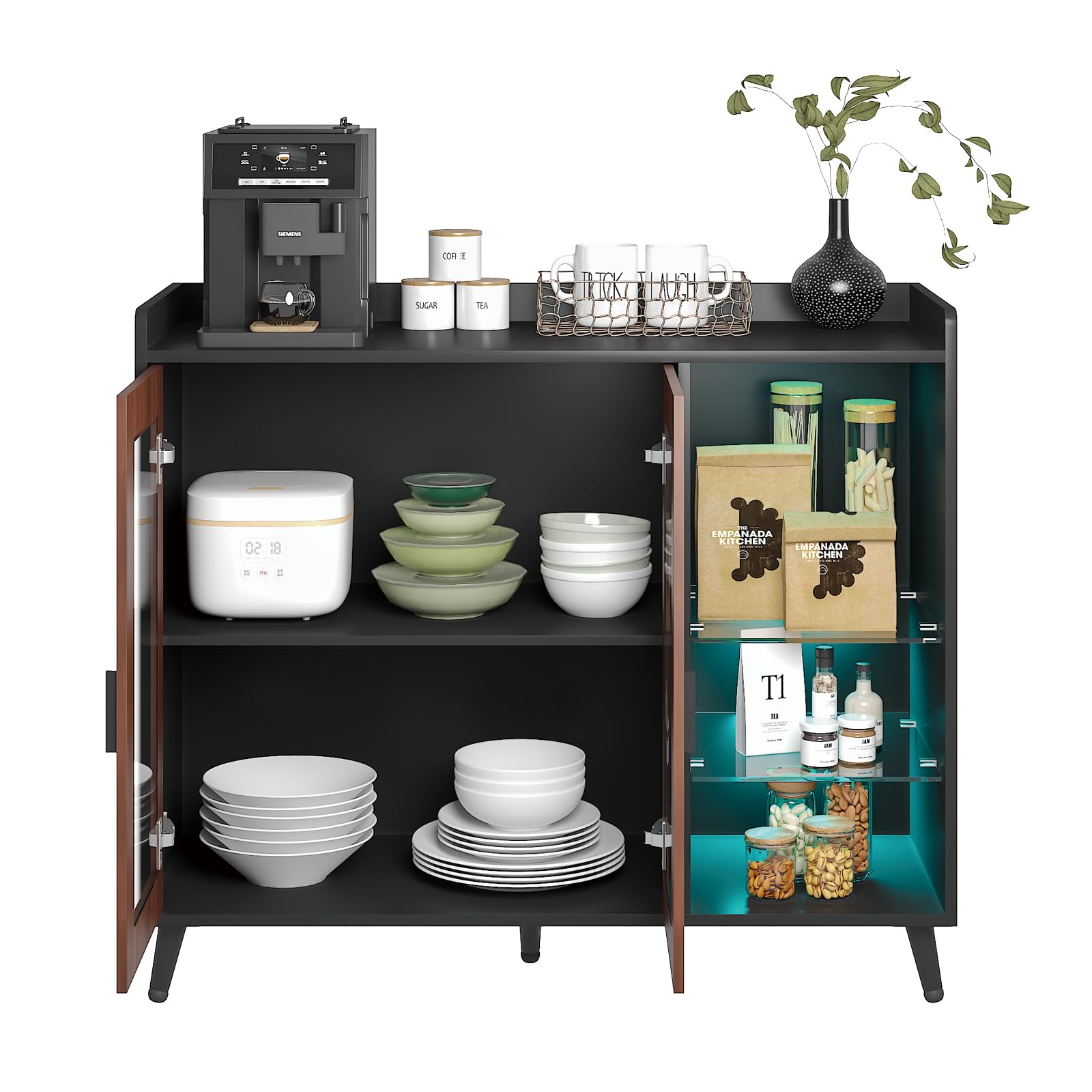 Sideboard Buffet Cabinet with Storage, Modern LED Coffee Bar Buffet Table with Acrylic Doors & Glass Storage Shelves, Sideboard for Kitchen,