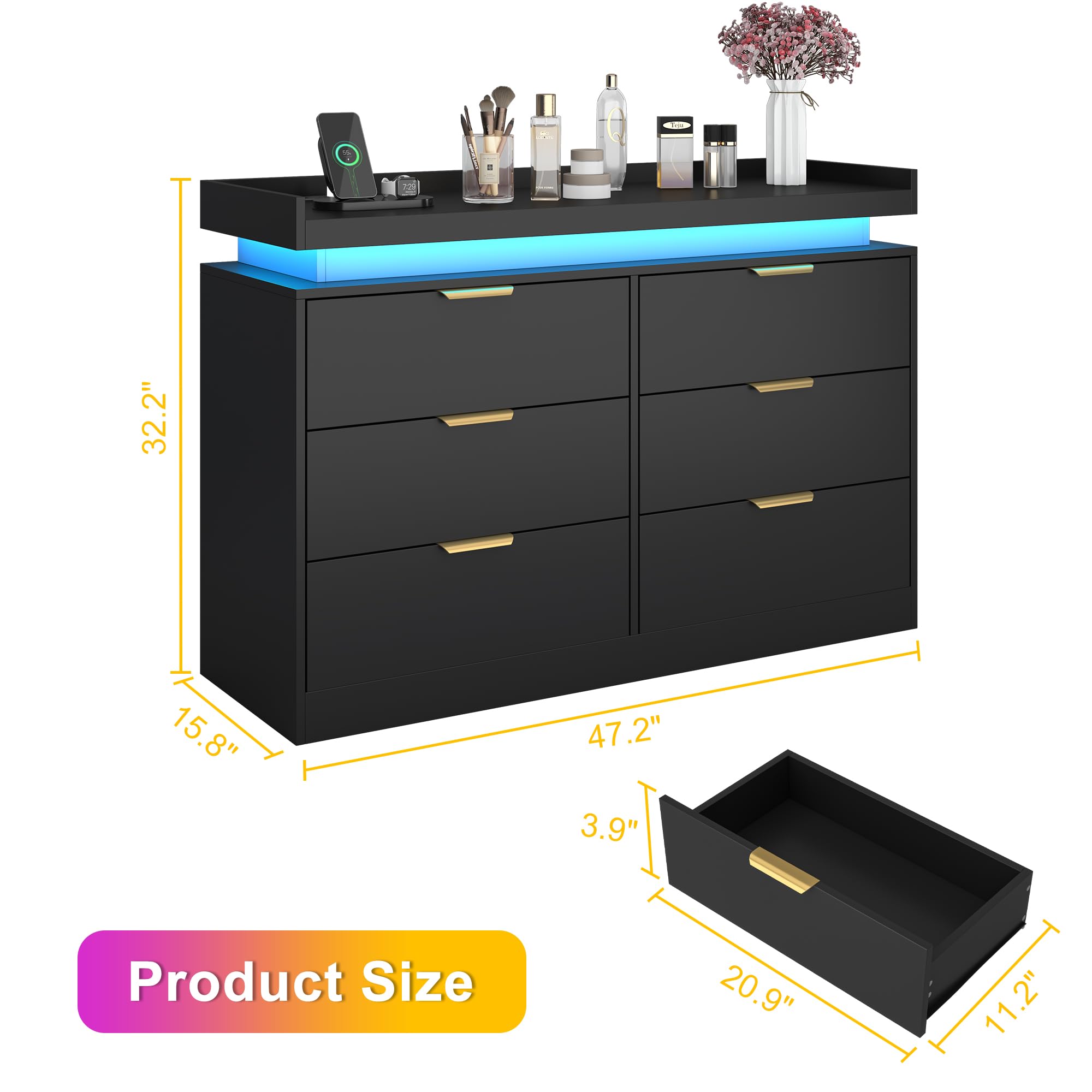 6-Drawer Black Dresser with LED Lights & Power Outlet, Modern Chest of Drawers for Bedroom, Closet, Living Room, Entryway, Hallway