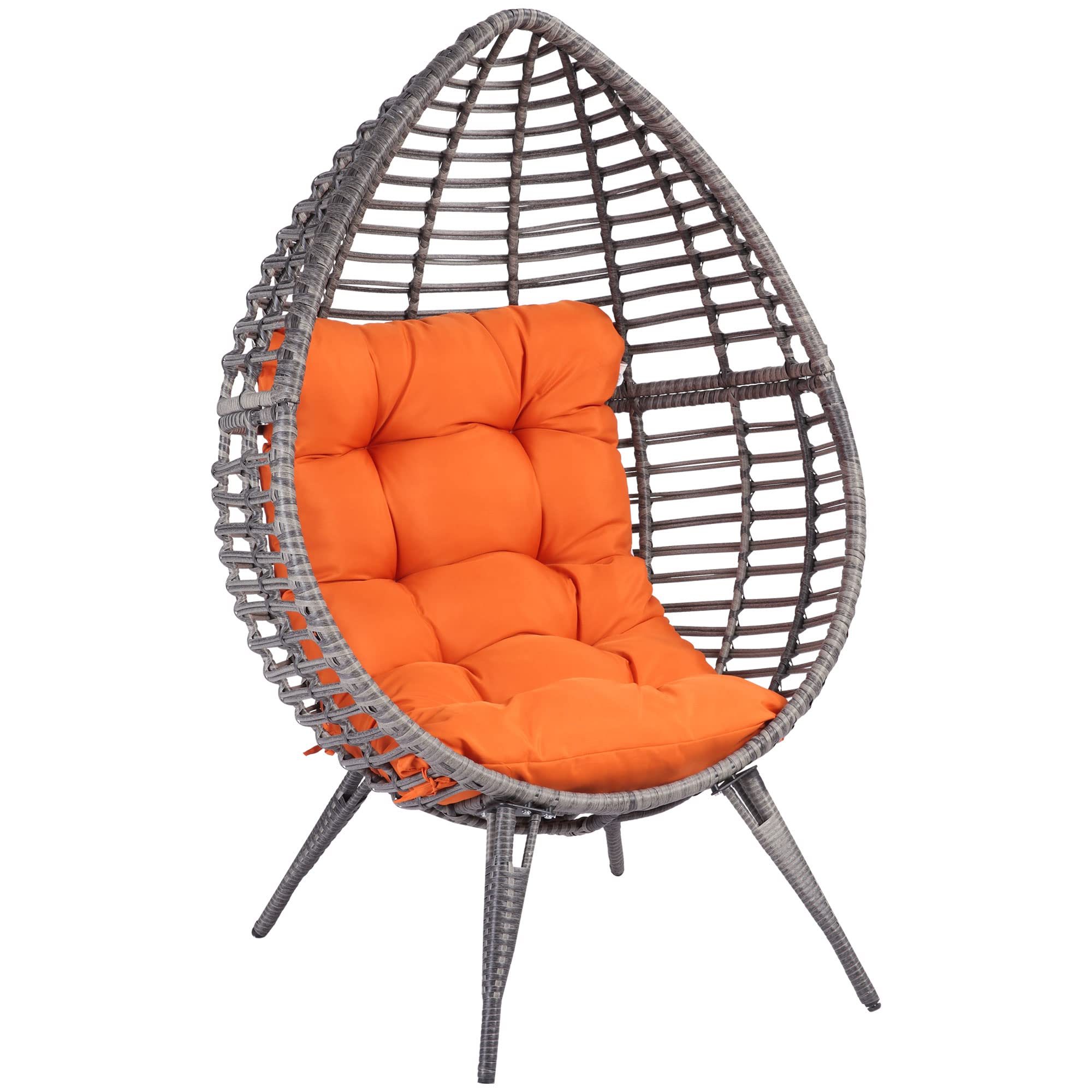 Patio Wicker Egg Chair with Soft Cushion, Teardrop Cuddle Seat, Indoor/Outdoor Rattan Chair with Adjustable Feet Pads, Orange