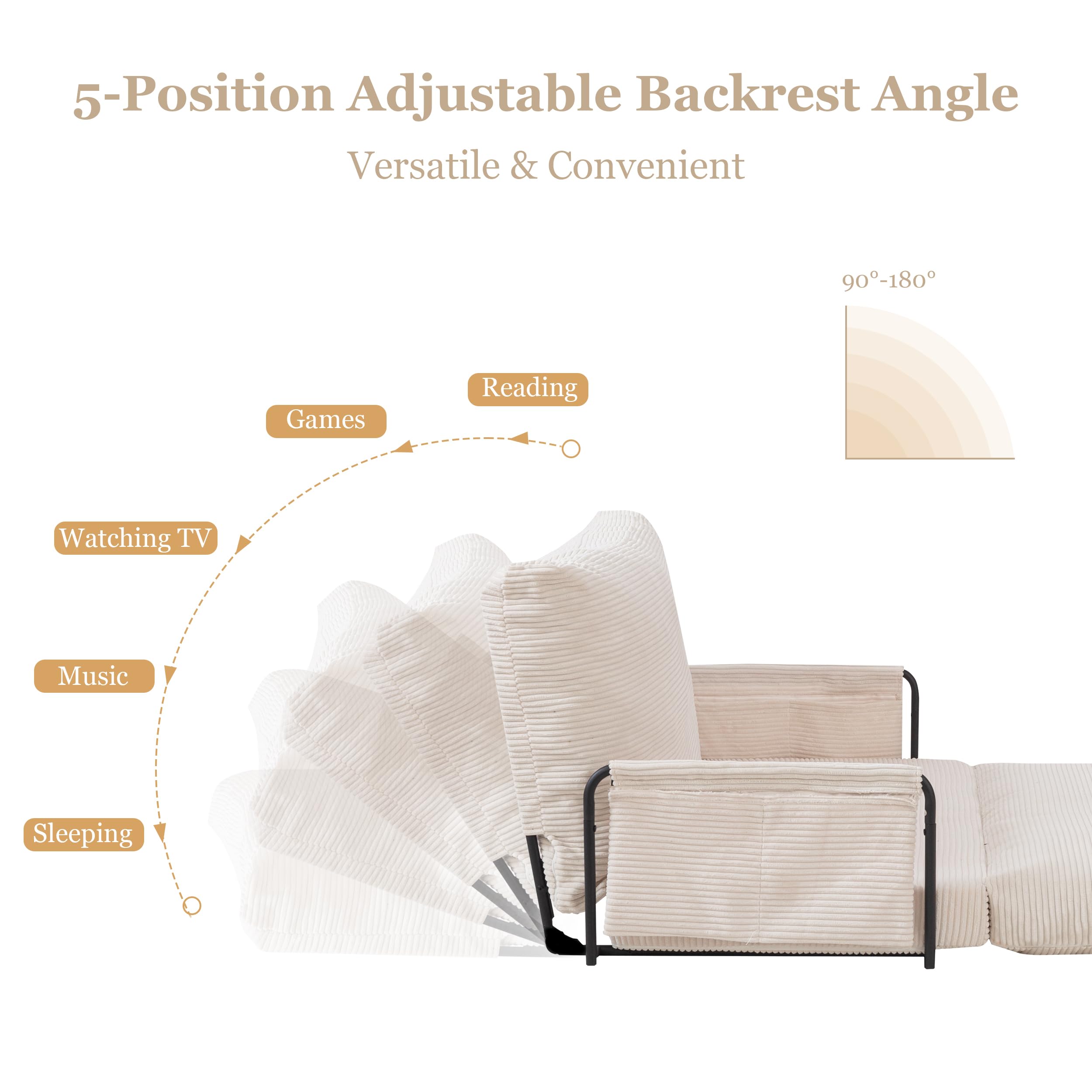 Lazy Floor Sofa Convertible Bean Bag Sofa Bed Couch, 5-Position Foldable Sleeper Chair with Armrest, Ideal for Reading & Gaming