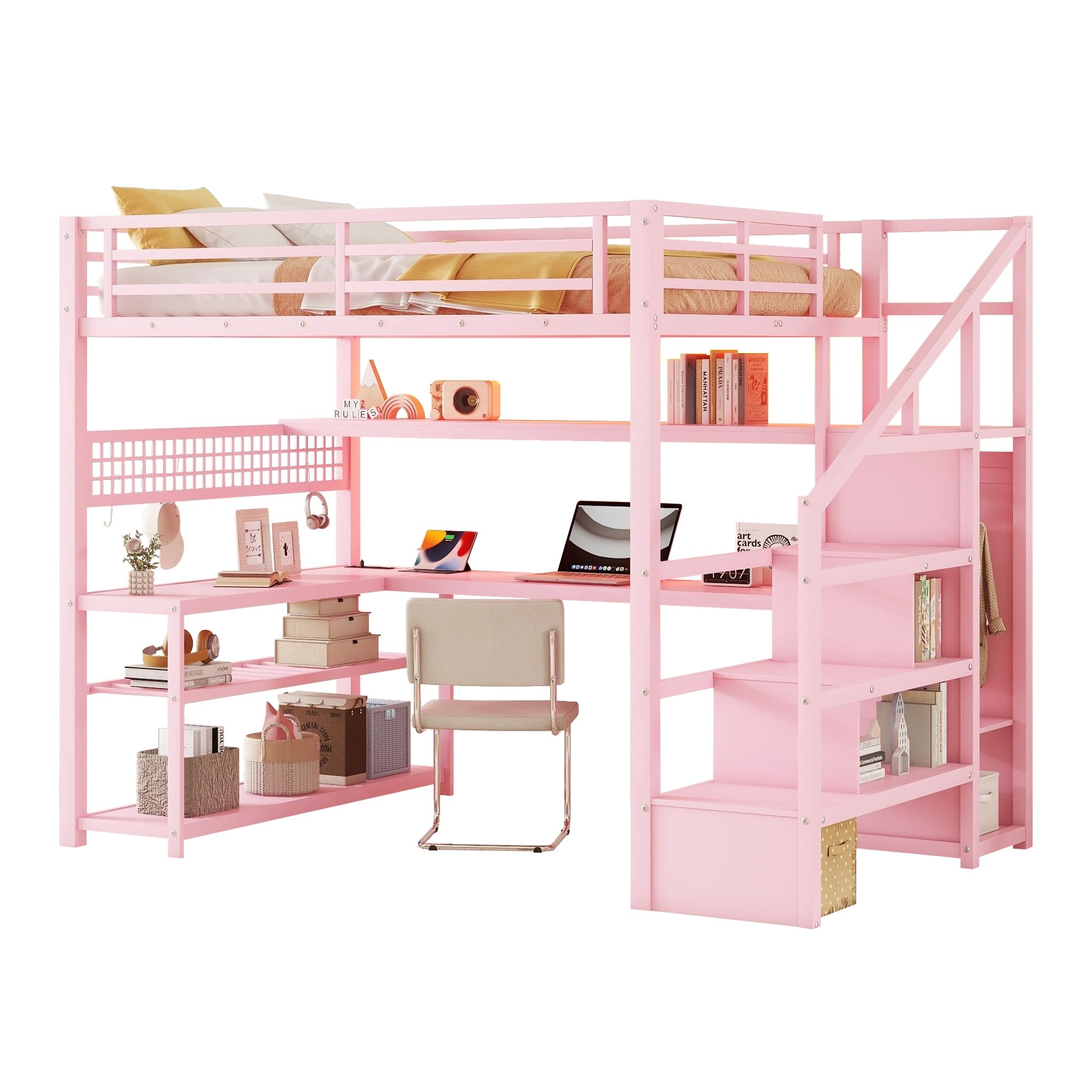 Full Size Metal Loft Bed with LED, Desk, Drawers, Shelves, Hanging Rod & Charging Station – Gaming Loft Bed for Teens/Kids, Pink