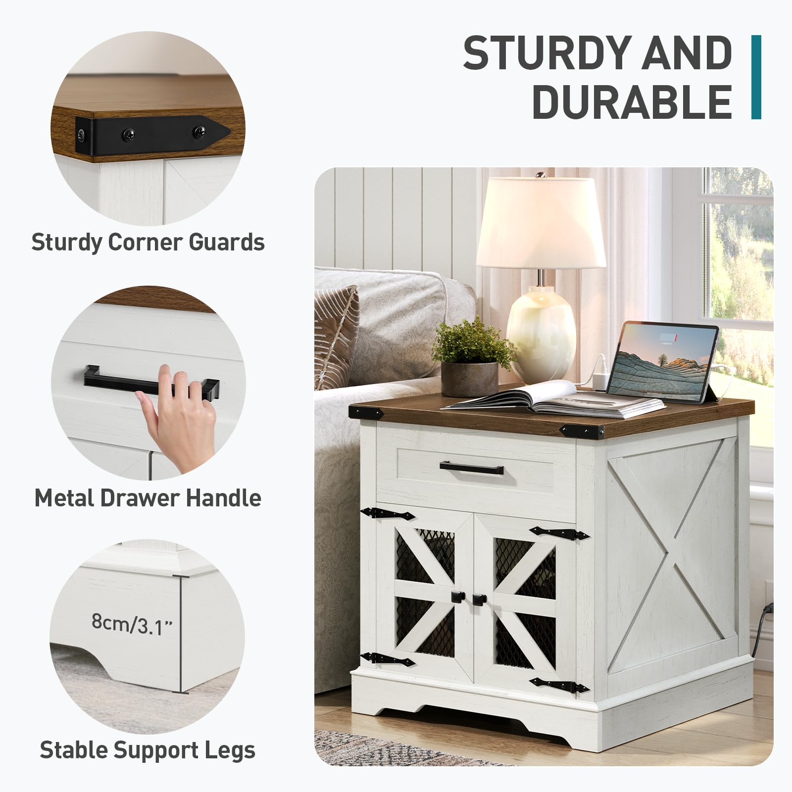 Set of 2 White Farmhouse End Tables, 24" Large Side Tables with Drawer & Charging Station, Square Wooden Nightstands, White & Walnut