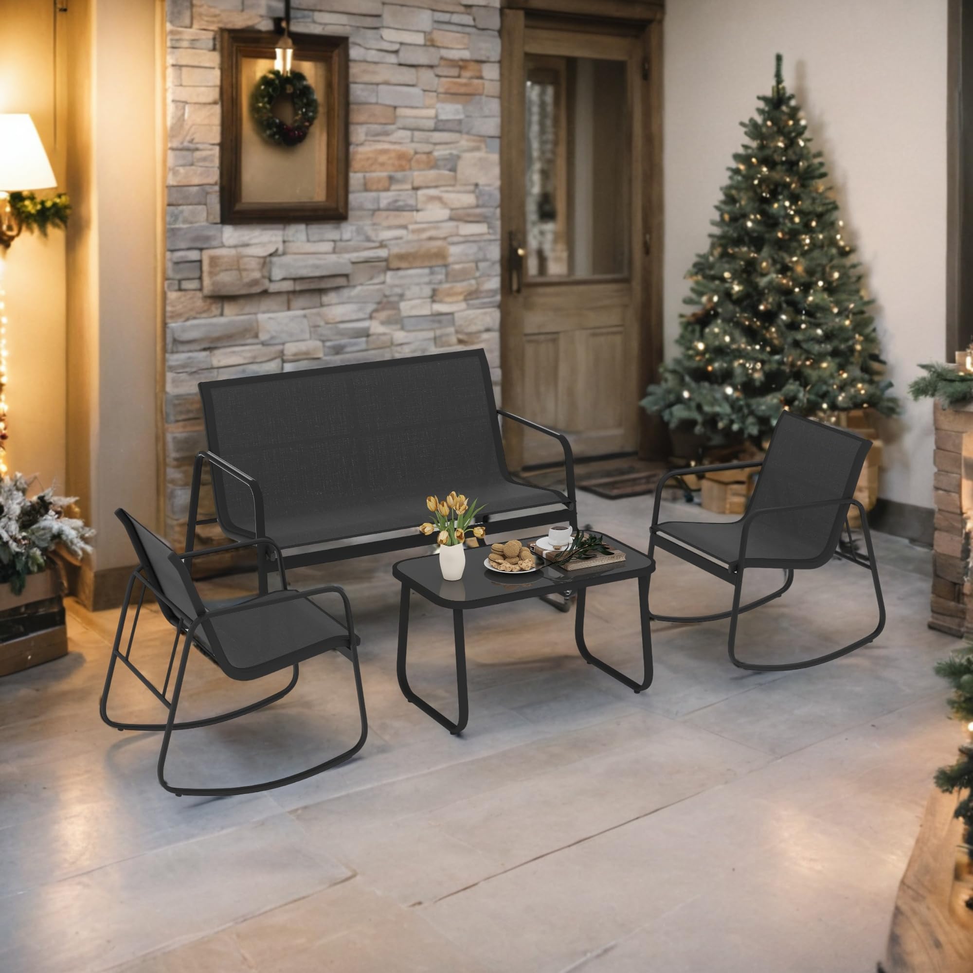 4-Piece Patio Furniture Set, Textilene Conversation Set with 2 Rocking Chairs and Tempered Glass Coffee Table, Perfect for Indoor Patio Lawn Garden Poolside, Black